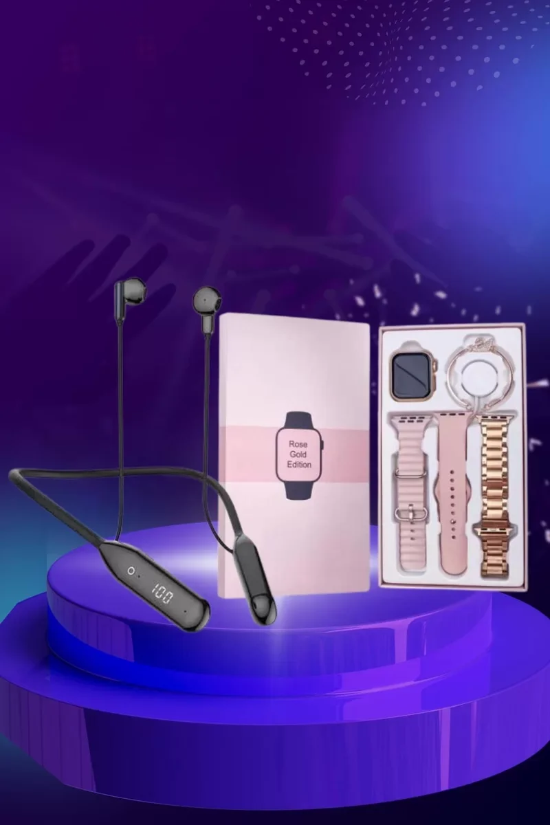 Kadınlara Özel Akıllı Saat ve Bluetooth Kulaklık Hediyelik Paket - 3 Kordonlu