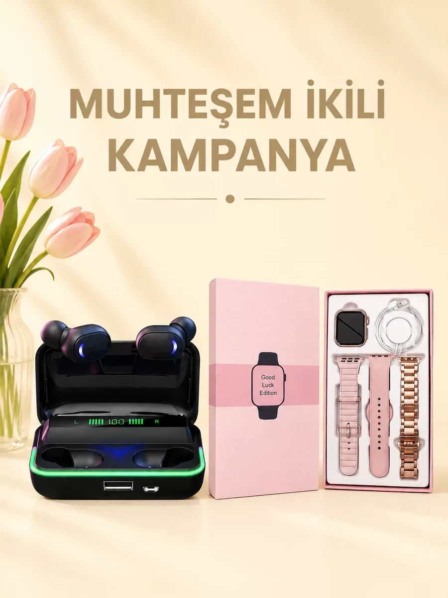 Kadınlara Özel Akıllı Saat ve Bluetooth Kulaklık Hediye Seti - Kordonlu, Sağlık Takibi ve 117 Spor Modu