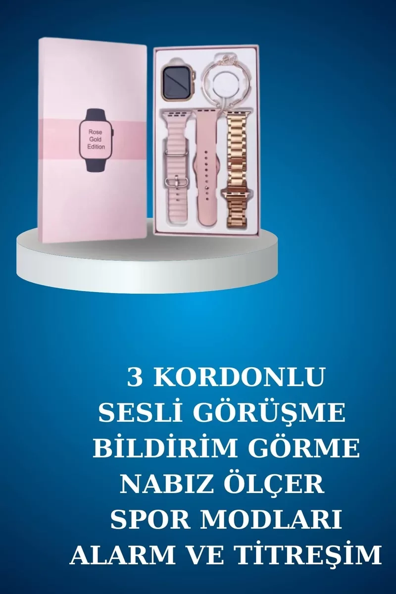 Kadınlara Özel Akıllı Saat ve Bluetooth Kulaklık Hediyelik Paket - 3 Kordonlu