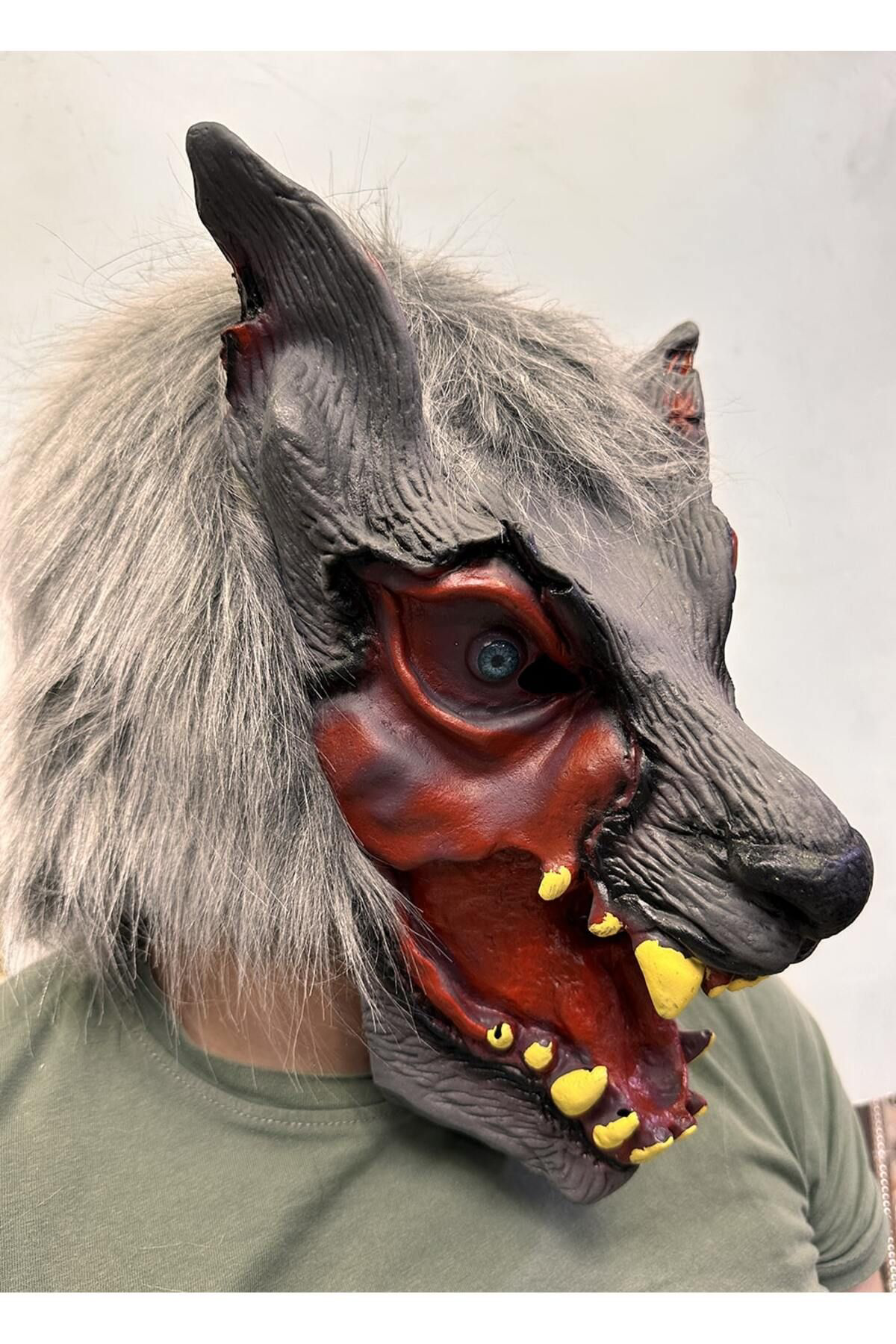 Ok Aksesuar Kafaya Tam Geçmeli Lateks Dişli Ağzı Açık Kurt Maskesi (5060)