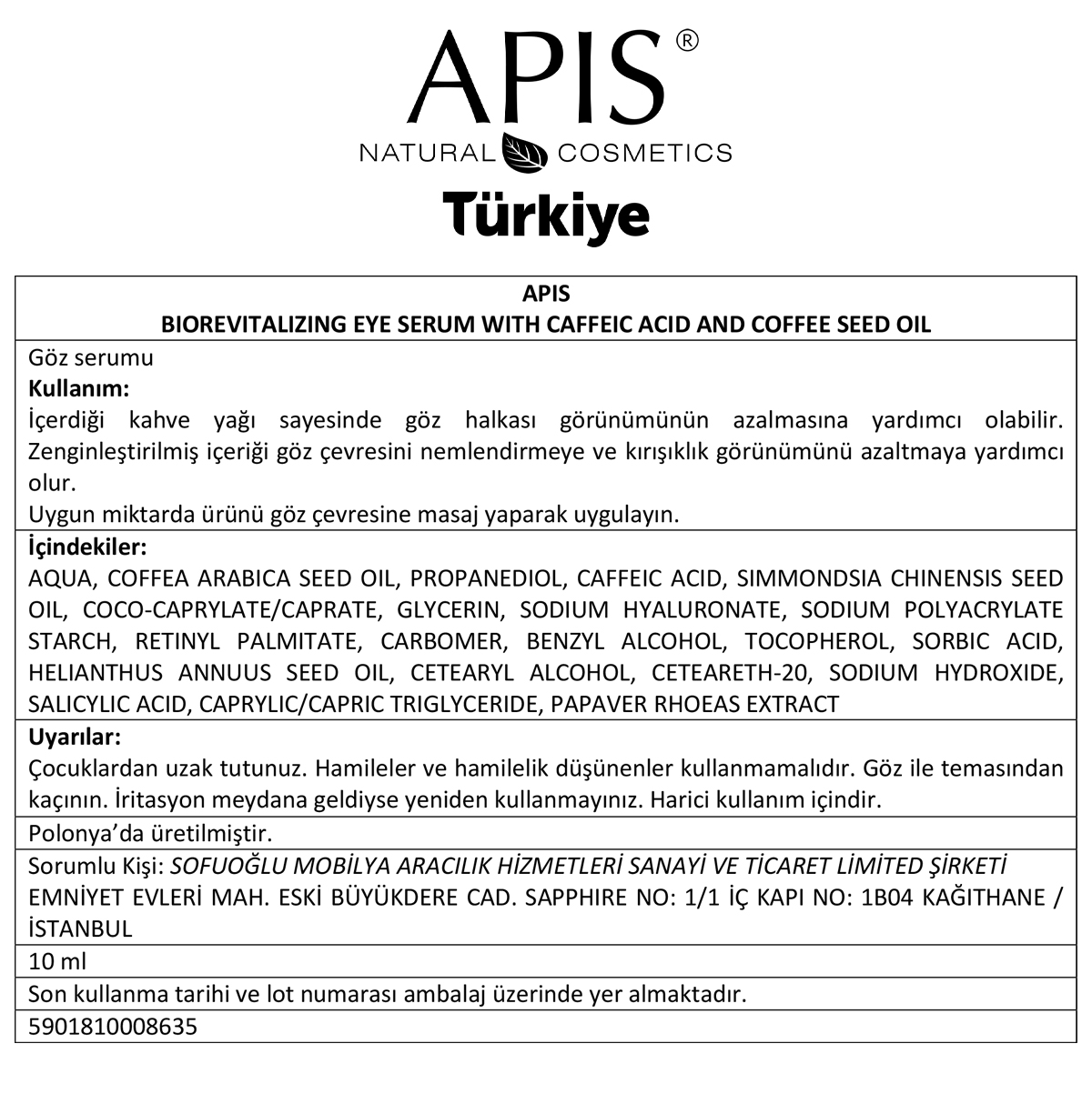 Apis Natural Cosmetics Kafeik Asit Ve Kahve Çekirdeği Yağlı Göz Serumu - 10Ml
