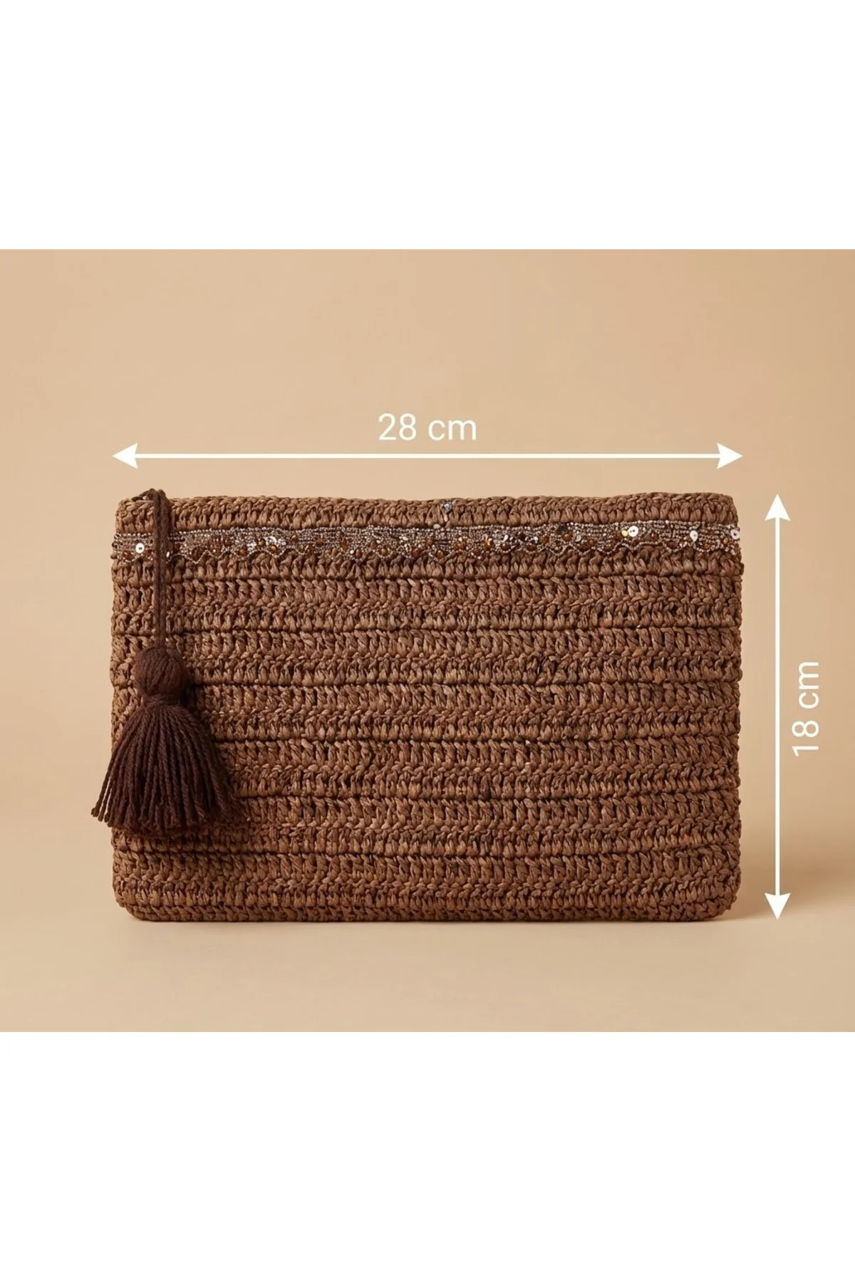 Kağıt İpten El Örgüsü Clutch Kahverengi Püskül Detaylı Astarlı Ça