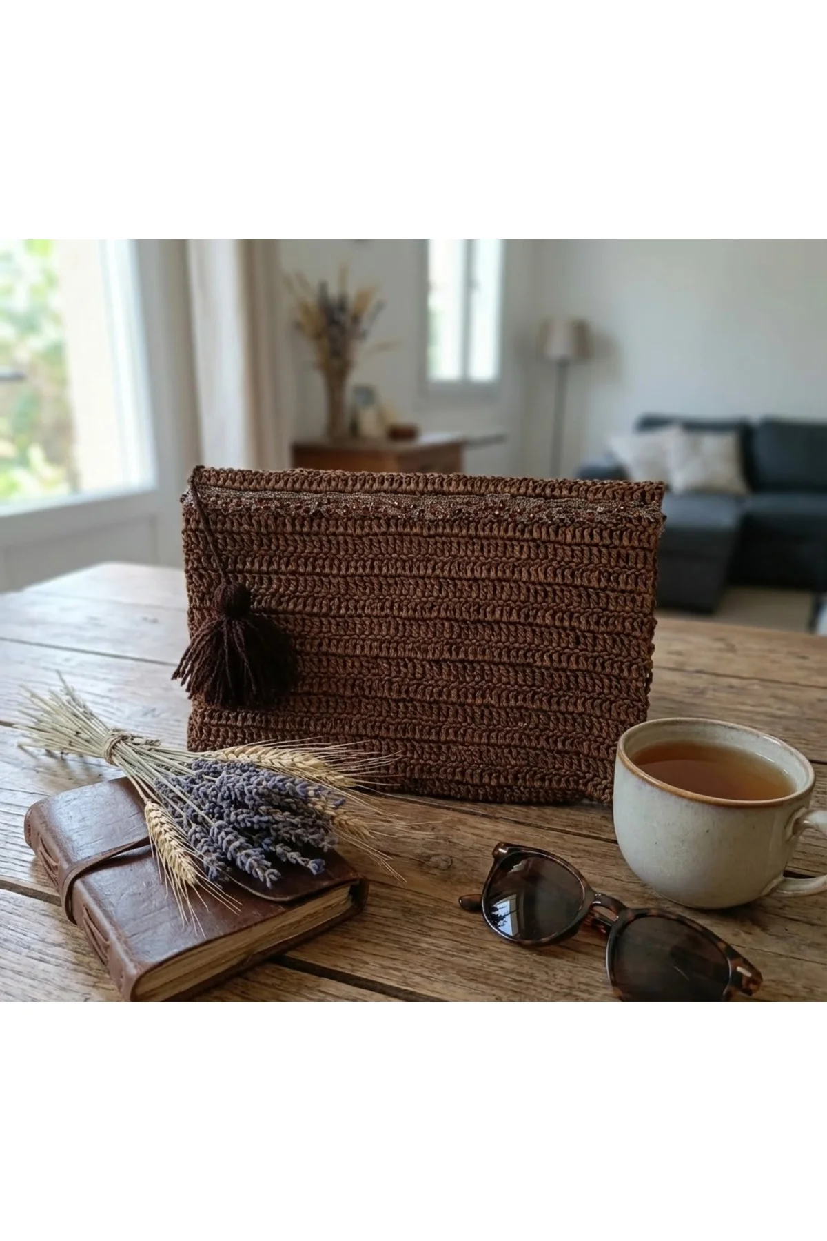 Kağıt İpten El Örgüsü Clutch Kahverengi Püskül Detaylı Astarlı Ça