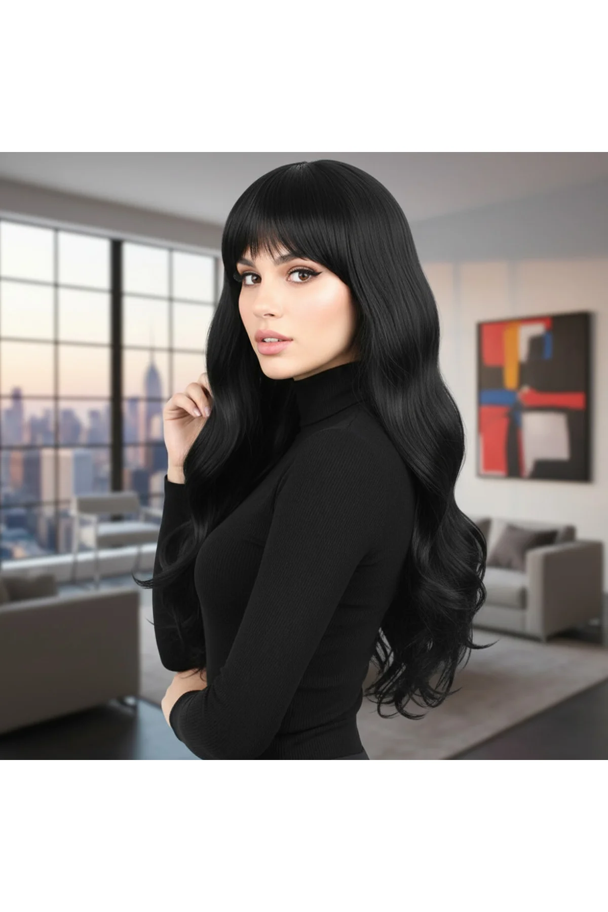 Kahküllü Uzun Dalgalı Fiber Sen Peruk / Siyah