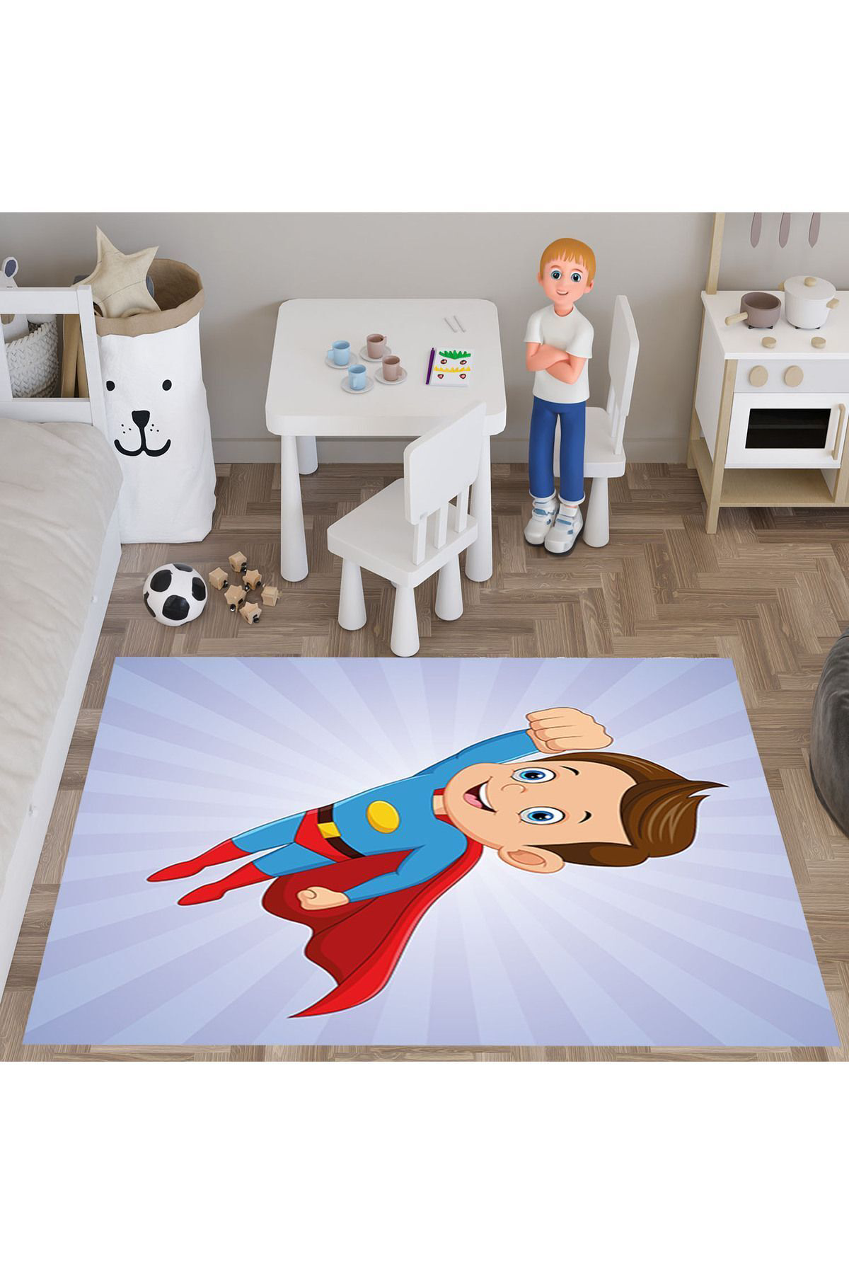 Evan Home Kahraman Çocuk Desenli Çocuk Odasi Takim Perde (İki Kanat),Yatak Örtüsü,Yastik,Kirlent ,Hali,Tablo