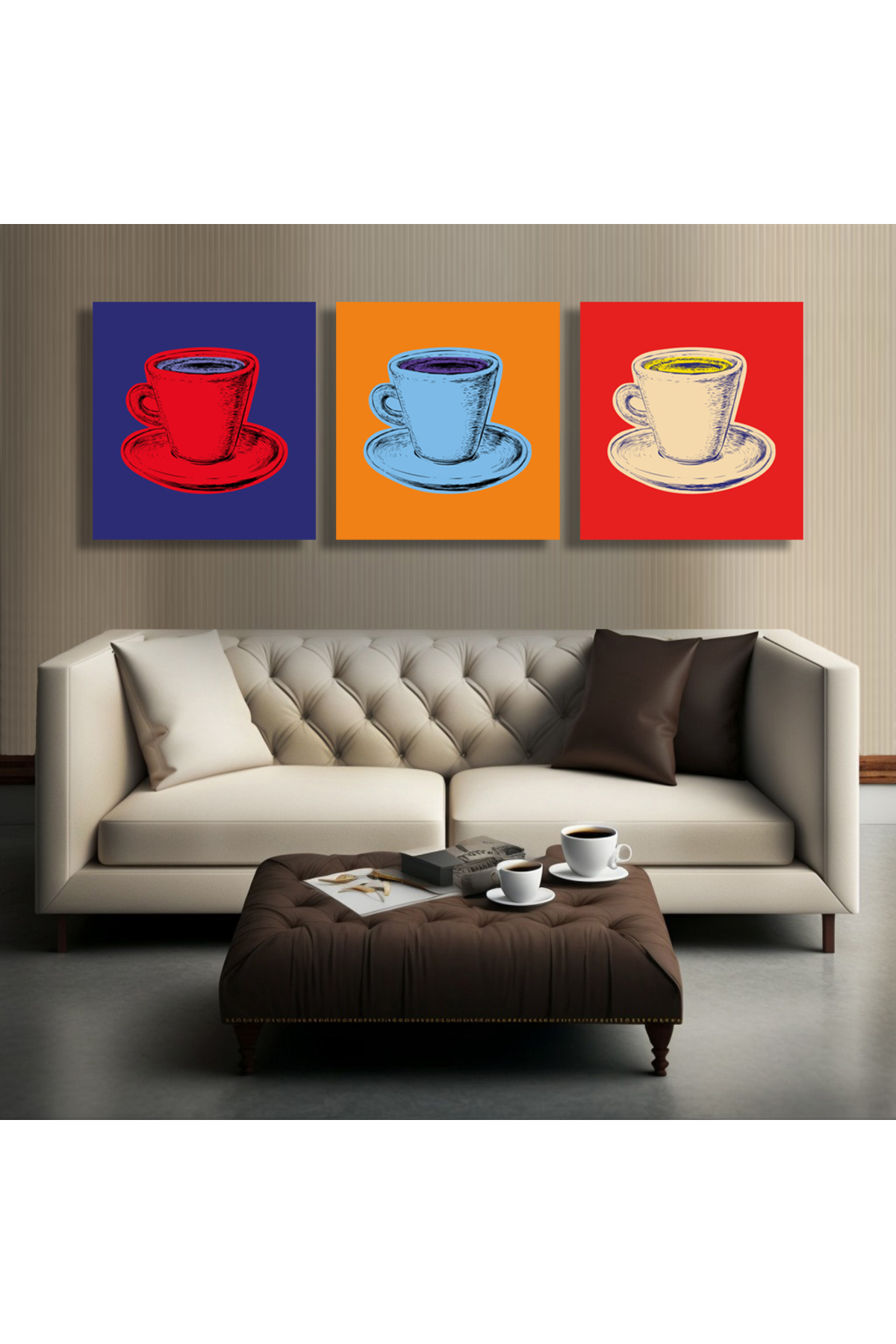 Korkmazkanvas Kahve Fincanı Vektör İllüstrasyon Pop Art Tarzı. 3'Lü Kanvas Tabl