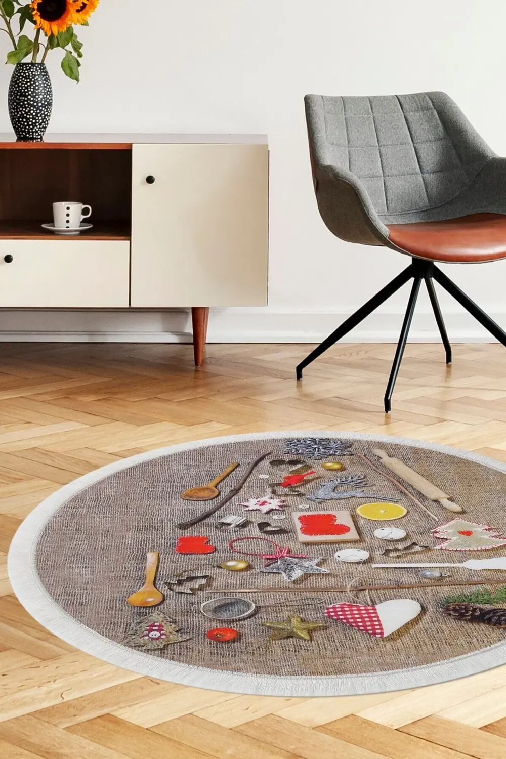 Kahve Halısı Saçaklı Dijital Yuvarlak Halı Kaymaz Yıkanabilir 160