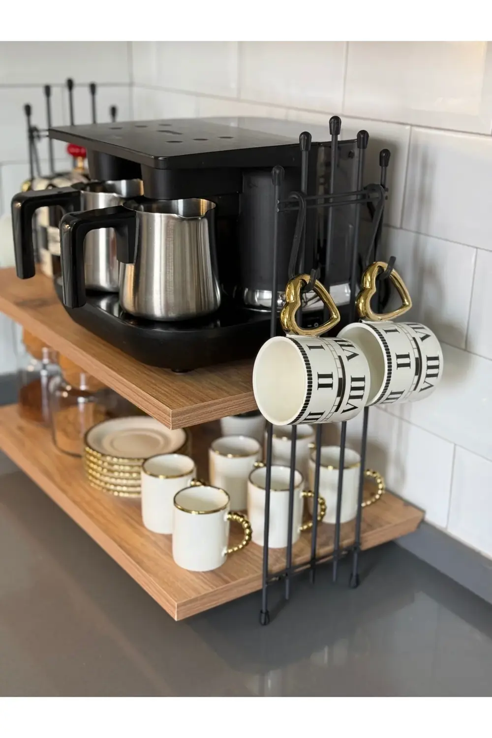 Kahve Makinesi Çam Rafı Tezgah Üstü Kahve Köşesi Rafı Mutfak Rafı