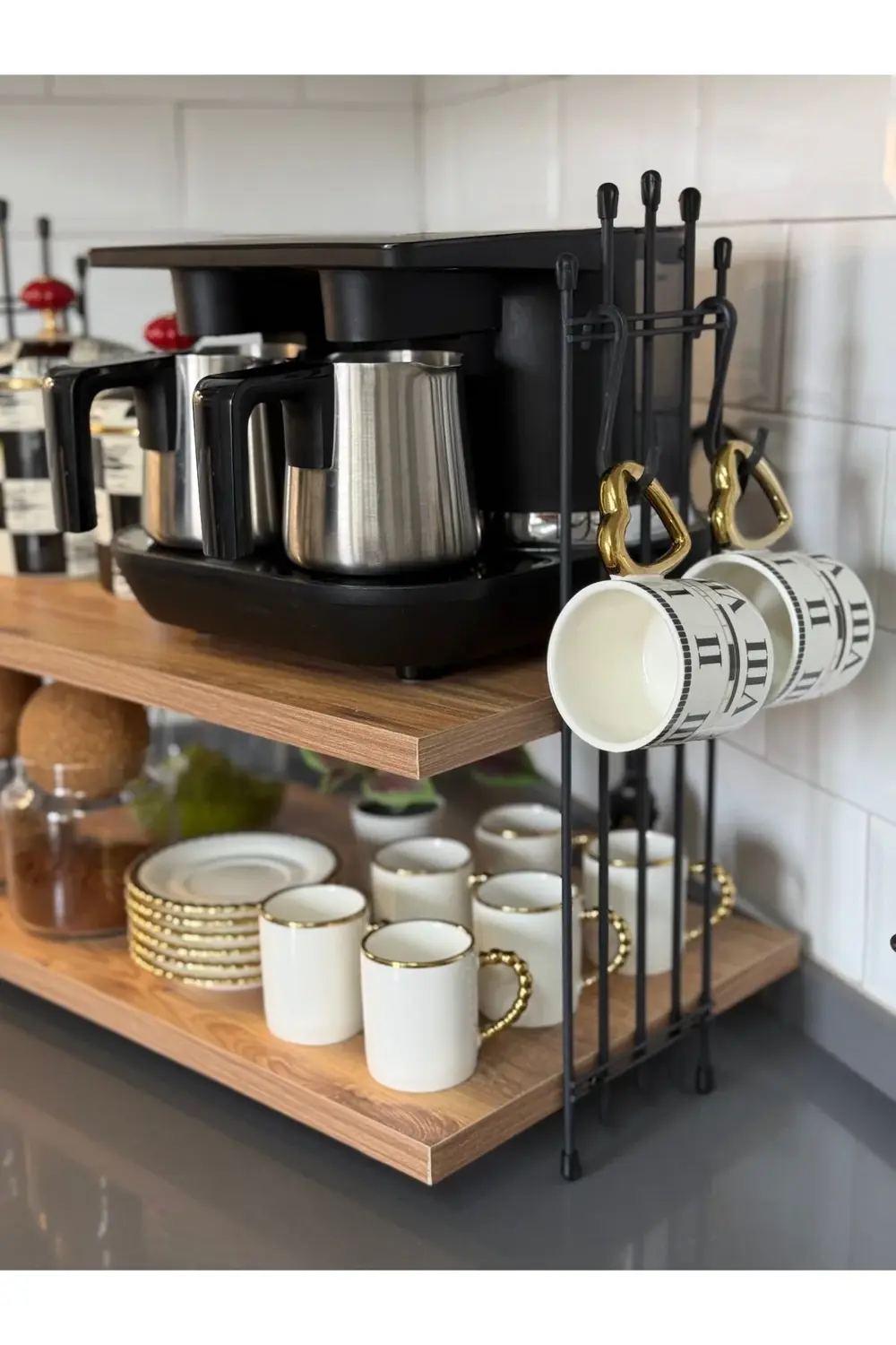 Kahve Makinesi Çam Rafı Tezgah Üstü Kahve Köşesi Rafı Mutfak Rafı
