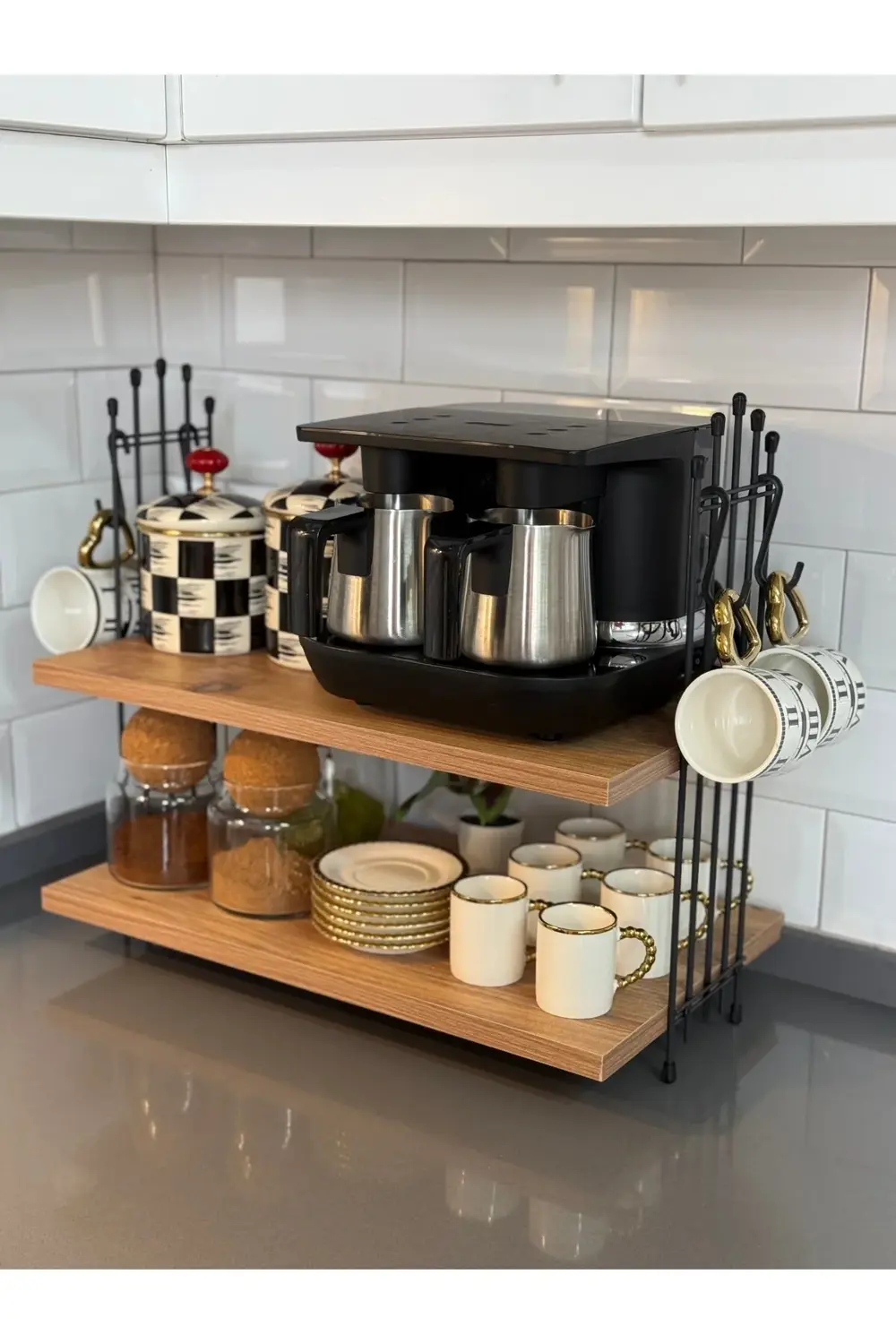 Kahve Makinesi Çam Rafı Tezgah Üstü Kahve Köşesi Rafı Mutfak Rafı