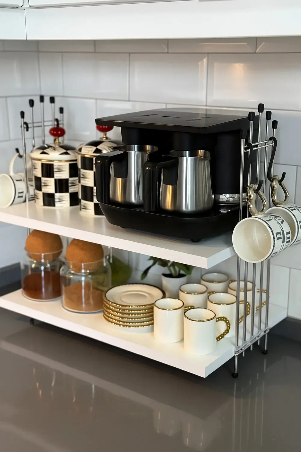 Kahve Makinesi Rafı KROM BEYAZ Tezgah Üstü Kahve Köşesi Rafı Mutf