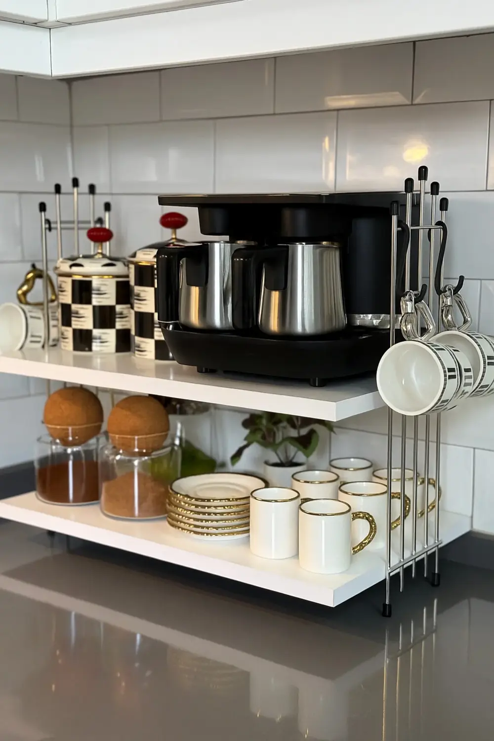 Kahve Makinesi Rafı KROM BEYAZ Tezgah Üstü Kahve Köşesi Rafı Mutf