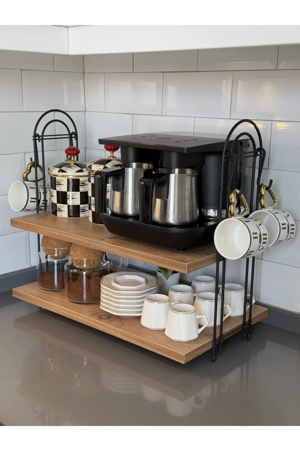 Kahve Makinesi Rafı OVAL ÇAM Tezgah Üstü Kahve Köşesi Rafı Mutfak