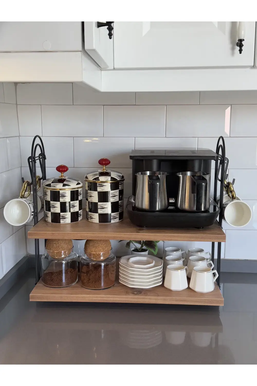 Kahve Makinesi Rafı OVAL ÇAM Tezgah Üstü Kahve Köşesi Rafı Mutfak