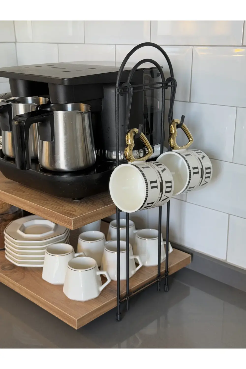 Kahve Makinesi Rafı OVAL ÇAM Tezgah Üstü Kahve Köşesi Rafı Mutfak