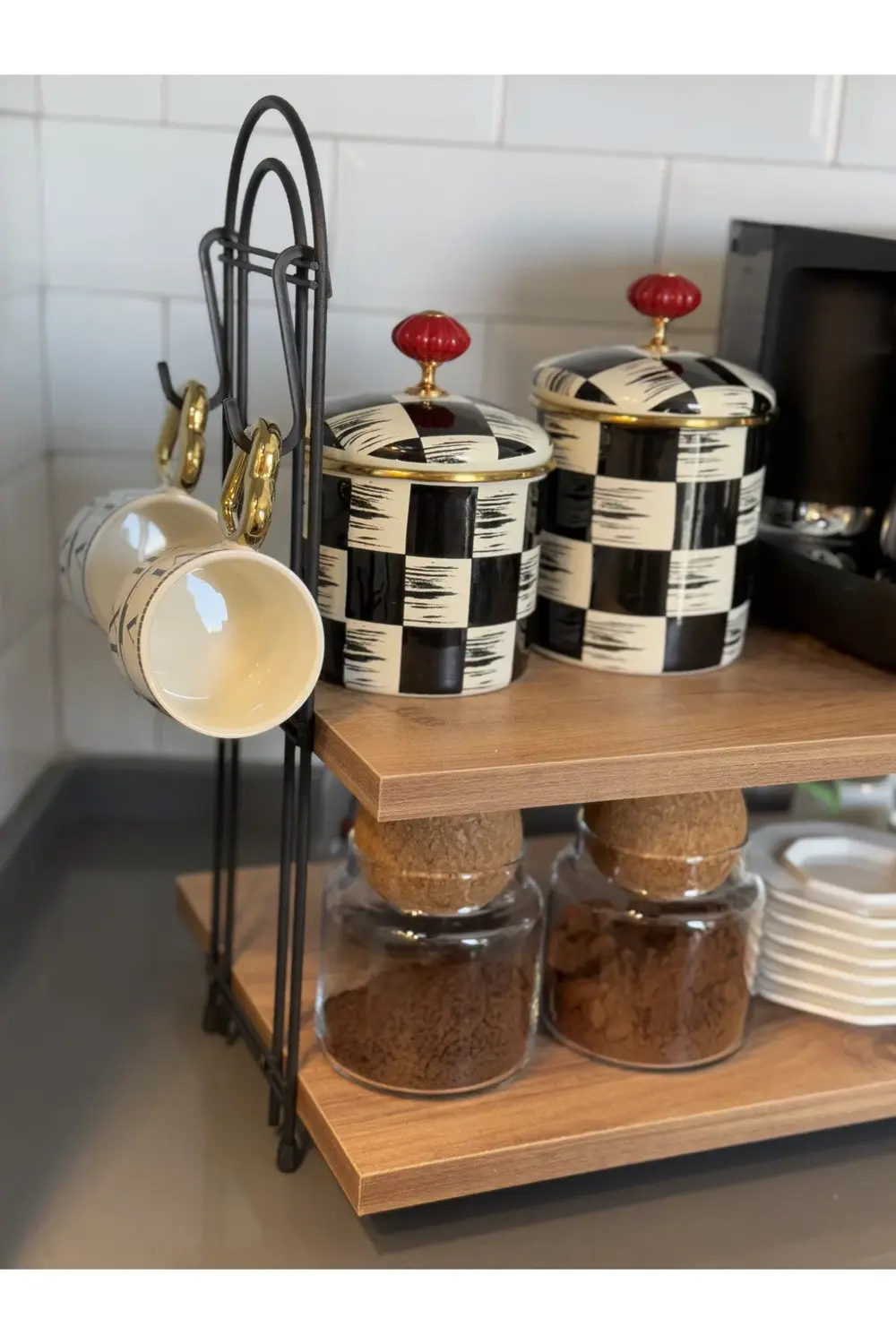 Kahve Makinesi Rafı OVAL ÇAM Tezgah Üstü Kahve Köşesi Rafı Mutfak