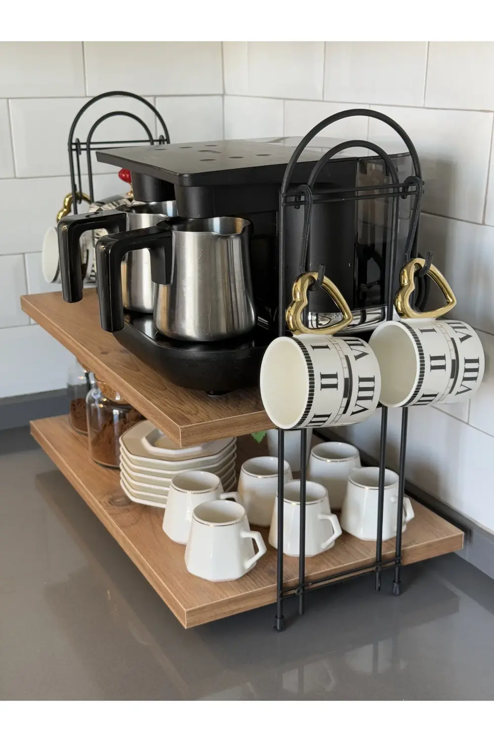 Kahve Makinesi Rafı OVAL ÇAM Tezgah Üstü Kahve Köşesi Rafı Mutfak