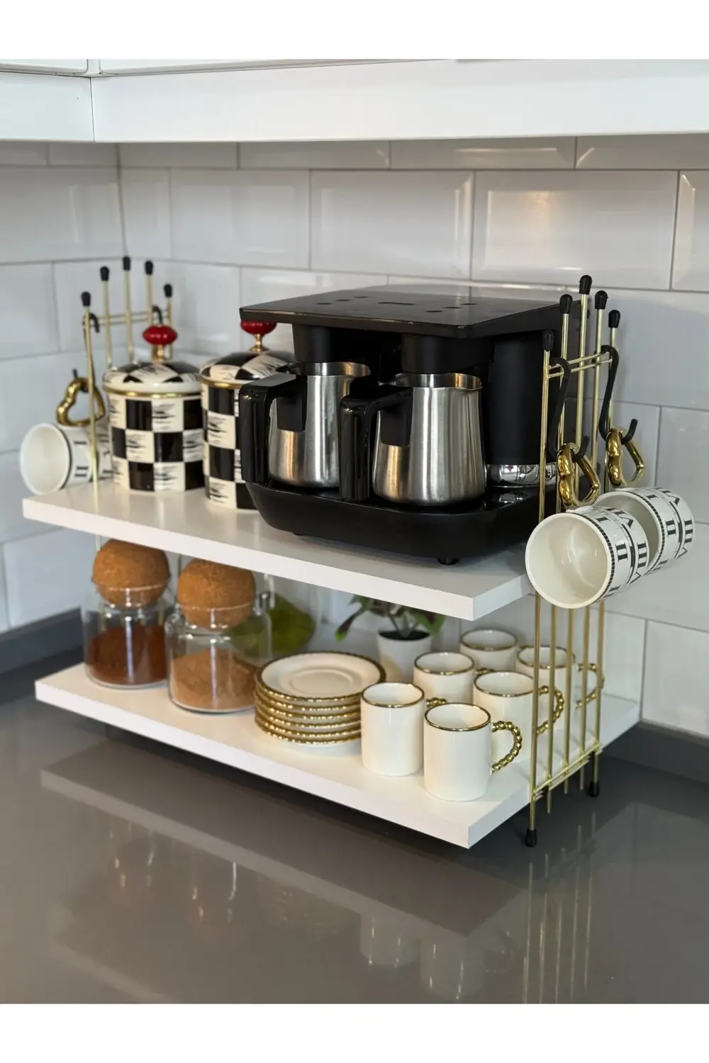 Kahve Makinesi Rafı Tezgah Üstü Kahve Köşesi Rafı Mutfak Rafı İki