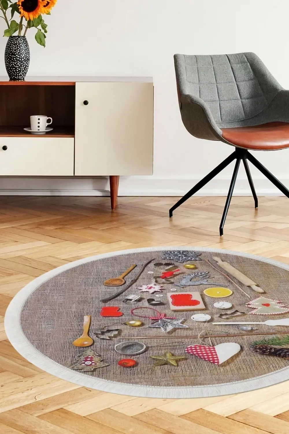 Kahve Mutfak Halısı Saçaklı Dijital Yuvarlak Halı Kaymaz Yıkanabi