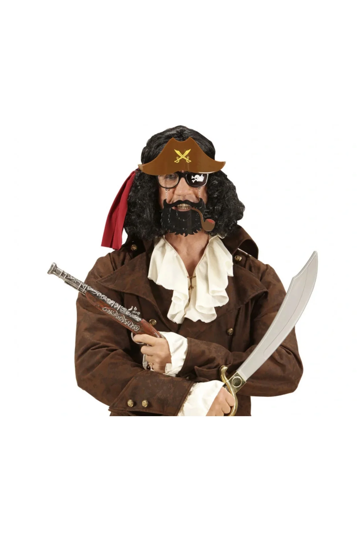 Kahve Renk Şapkalı Siyah Sakallı Pipolu Jack Sparrow Denizci Korsan Gözlüğü 24x25 cm