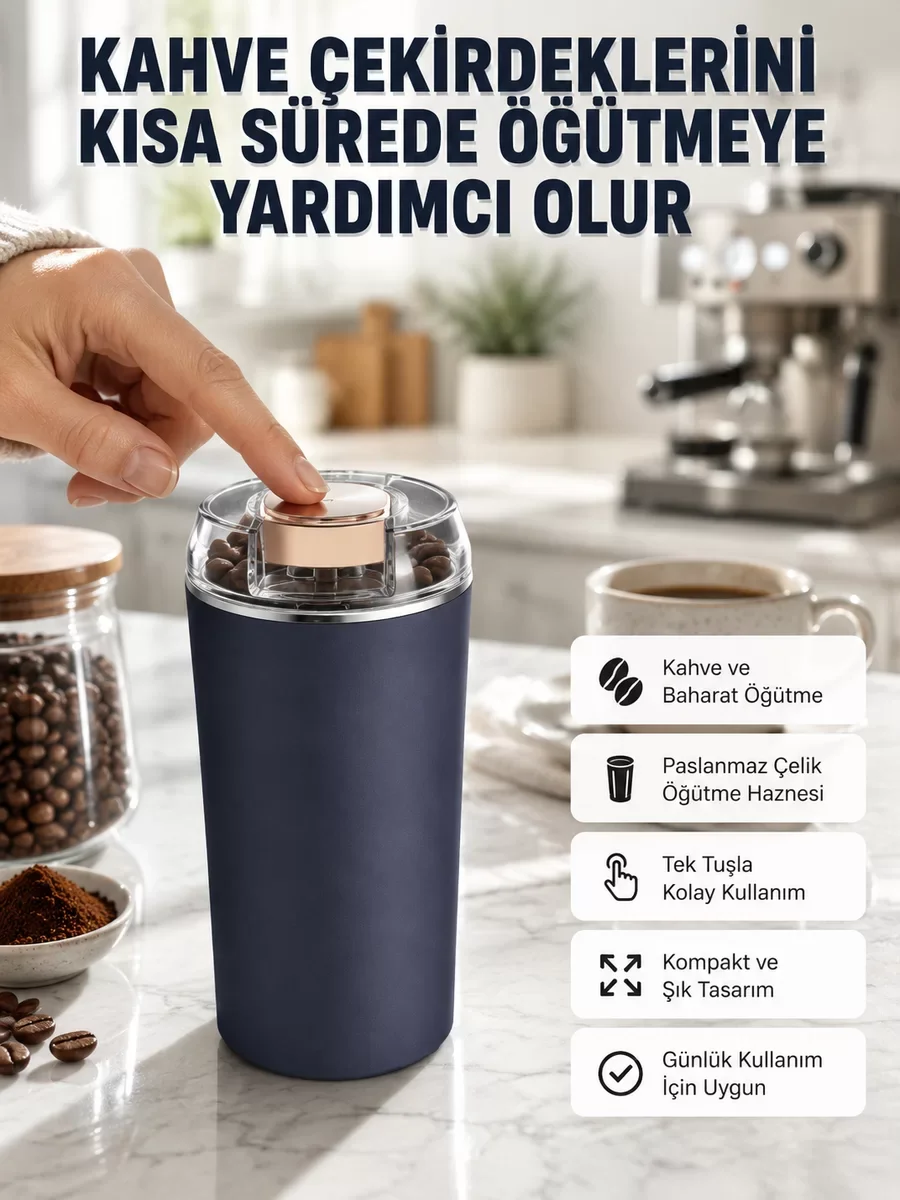 Kahve ve Baharat Öğütücü - Paslanmaz Çelik, Ayarlanabilir Seviyeler ve Kolay Temizlenebilir Tasarım