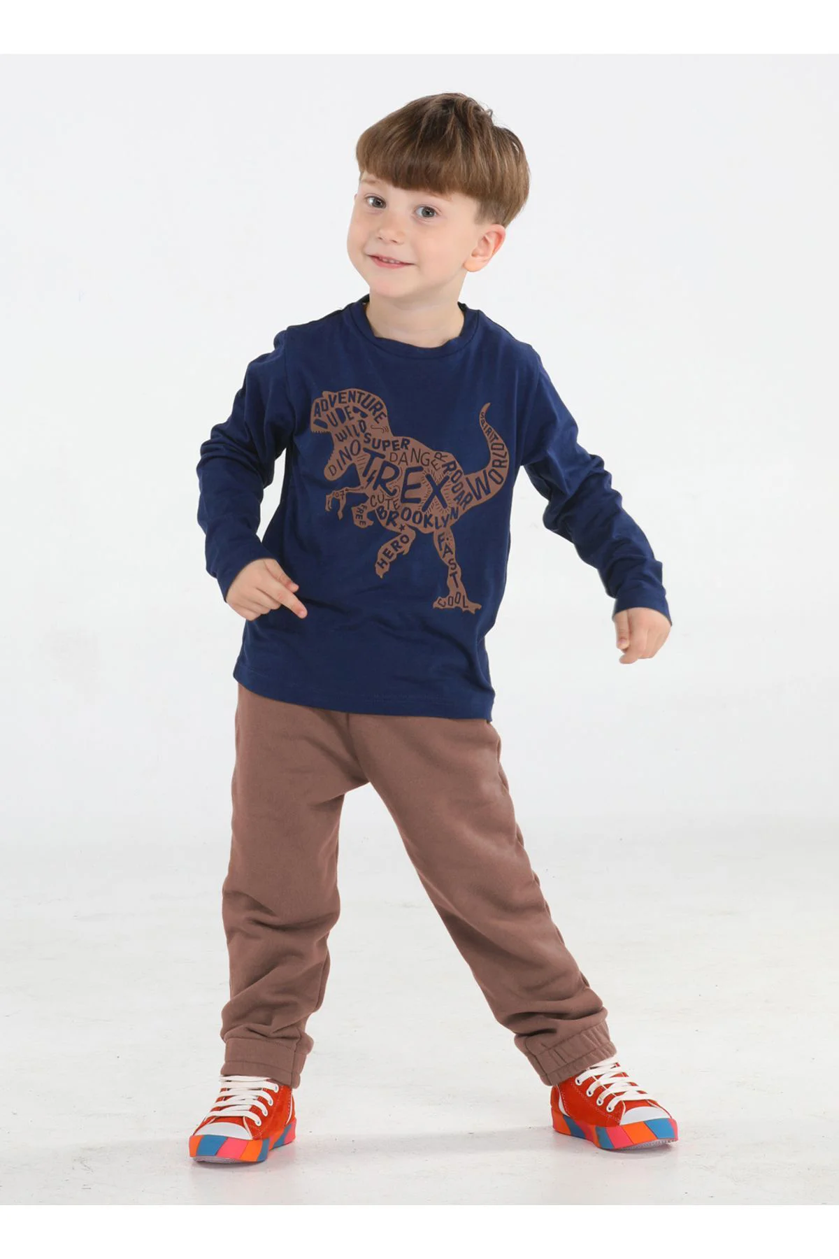 Kahve Yazılı Dino Jogger Pantolon + Tshirt Eşofman Takım BN-043-B