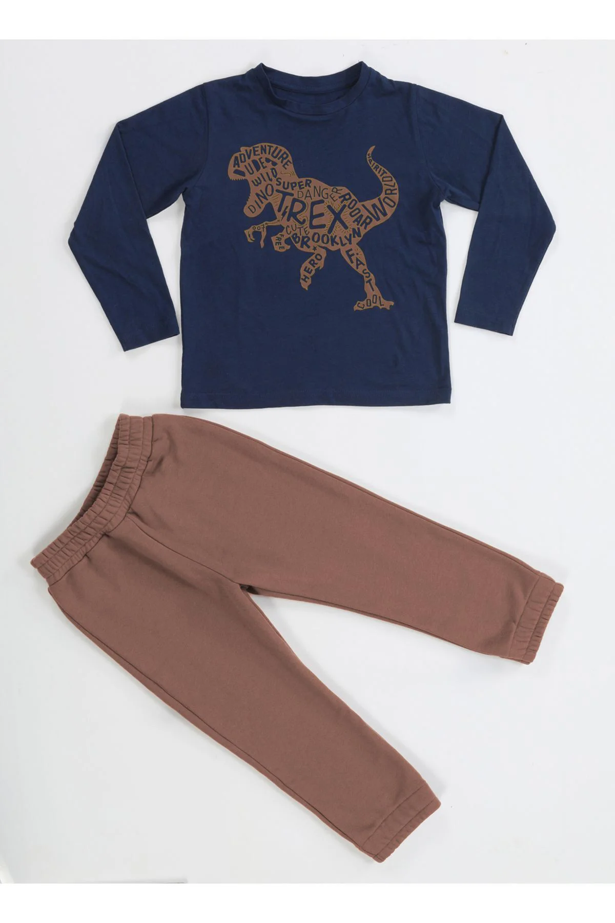 Kahve Yazılı Dino Jogger Pantolon + Tshirt Eşofman Takım BN-043-B