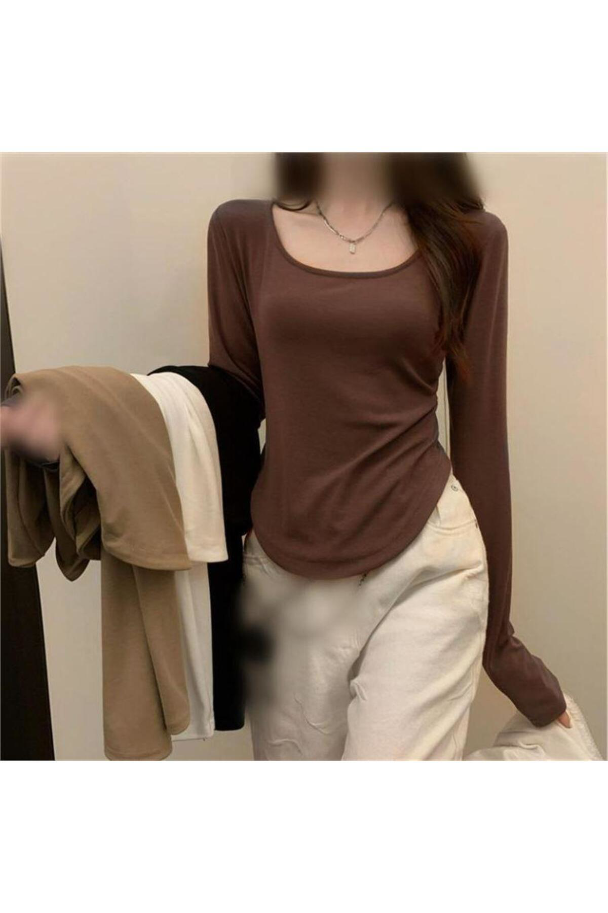 Kahverengi Basic Uzun Kollu Crop