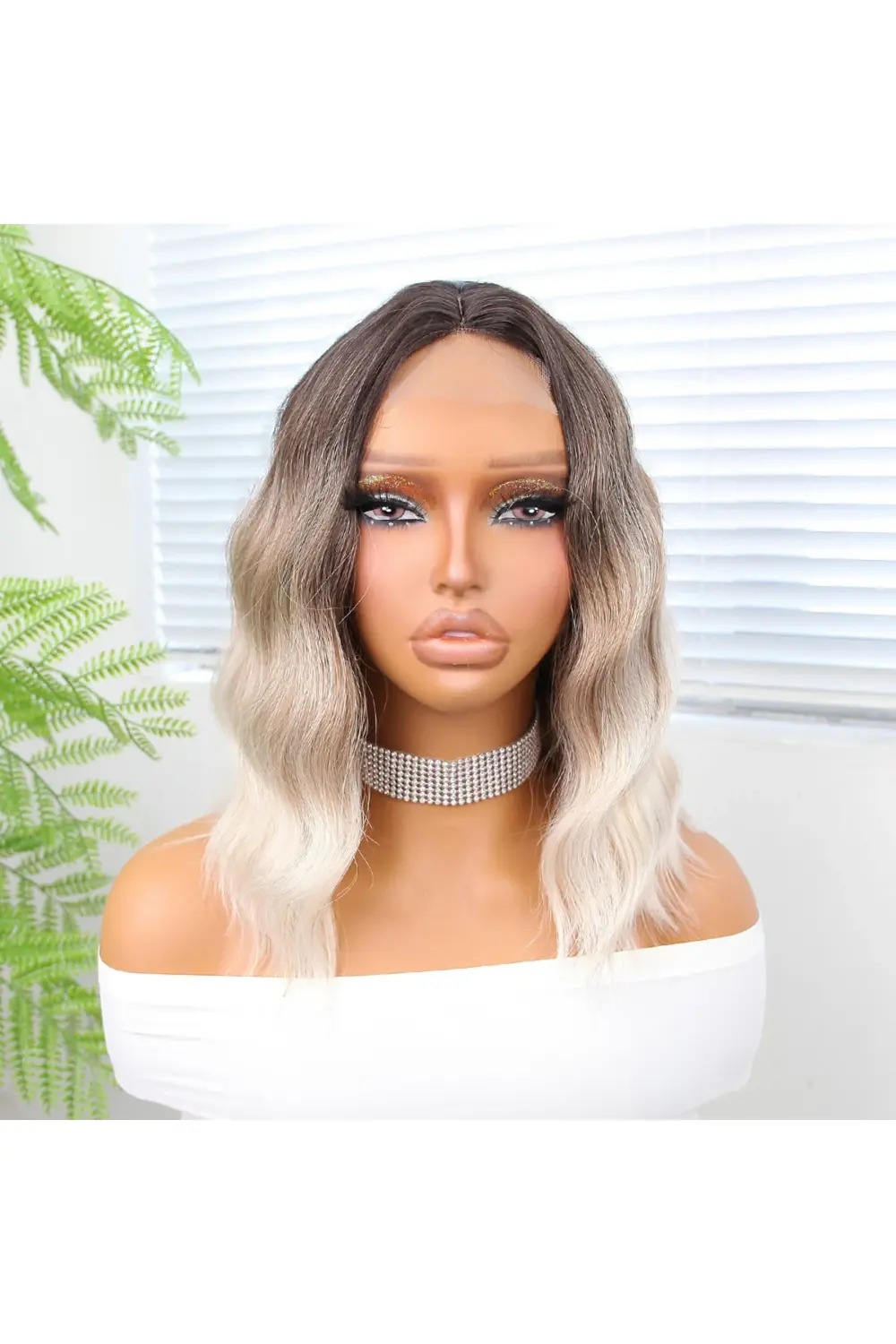 Kahverengi Bebek Kumralı Beyaz Platin Ombre Küt Tül Peruk