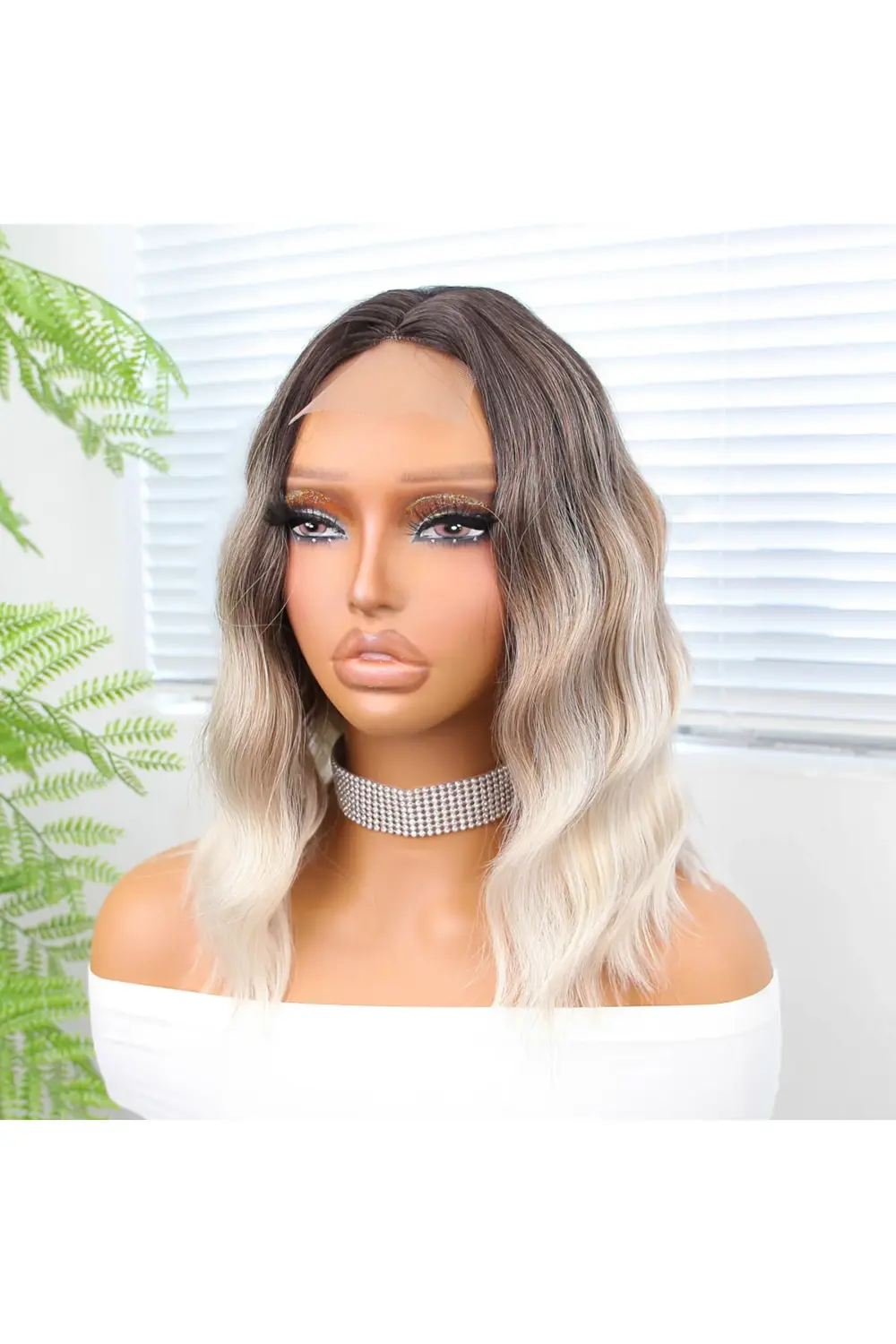 Kahverengi Bebek Kumralı Beyaz Platin Ombre Küt Tül Peruk