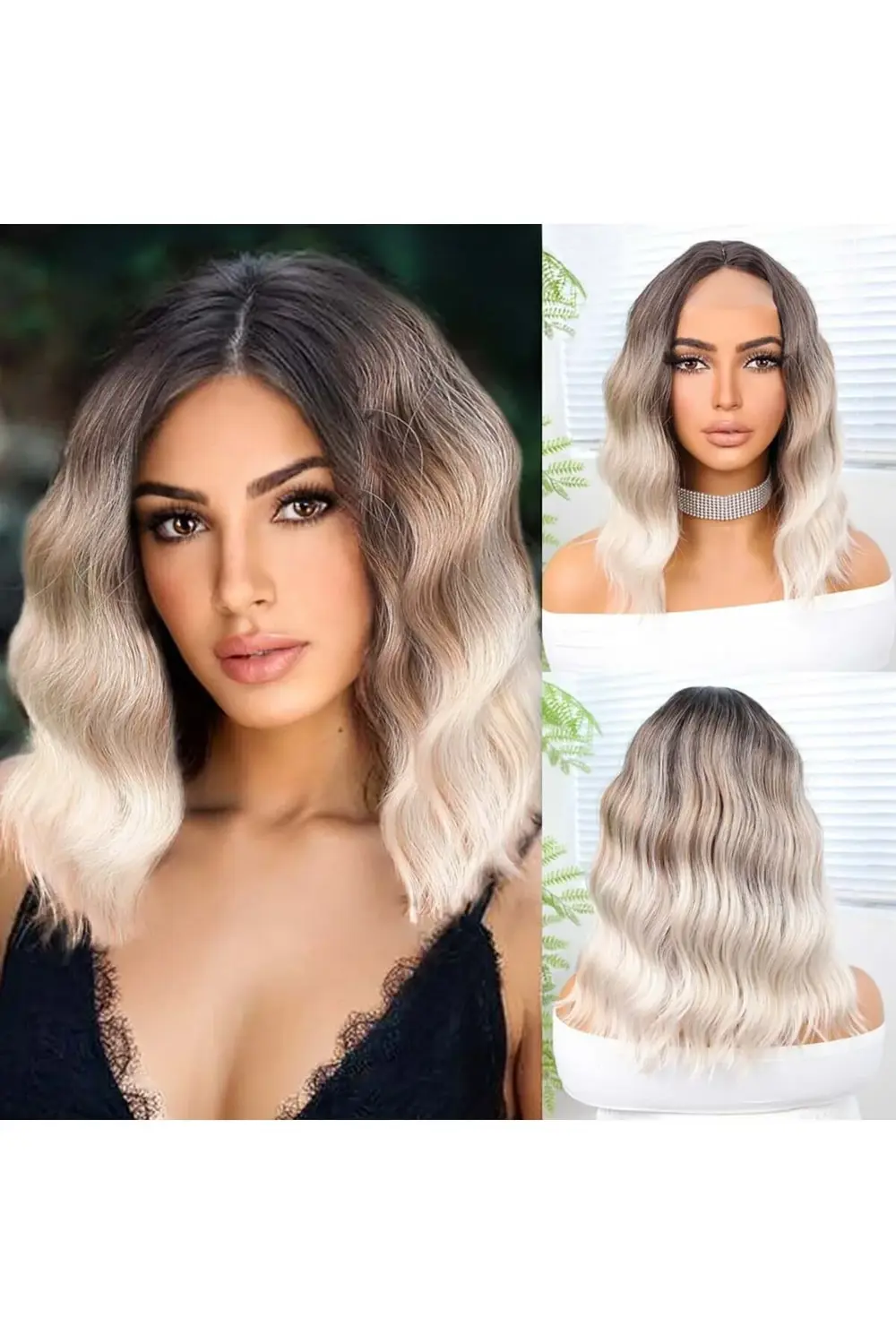 Kahverengi Bebek Kumralı Beyaz Platin Ombre Küt Tül Peruk