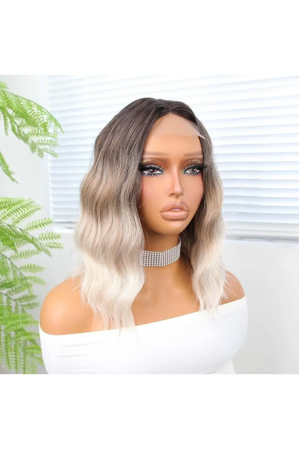 Kahverengi Bebek Kumralı Beyaz Platin Ombre Küt Tül Peruk