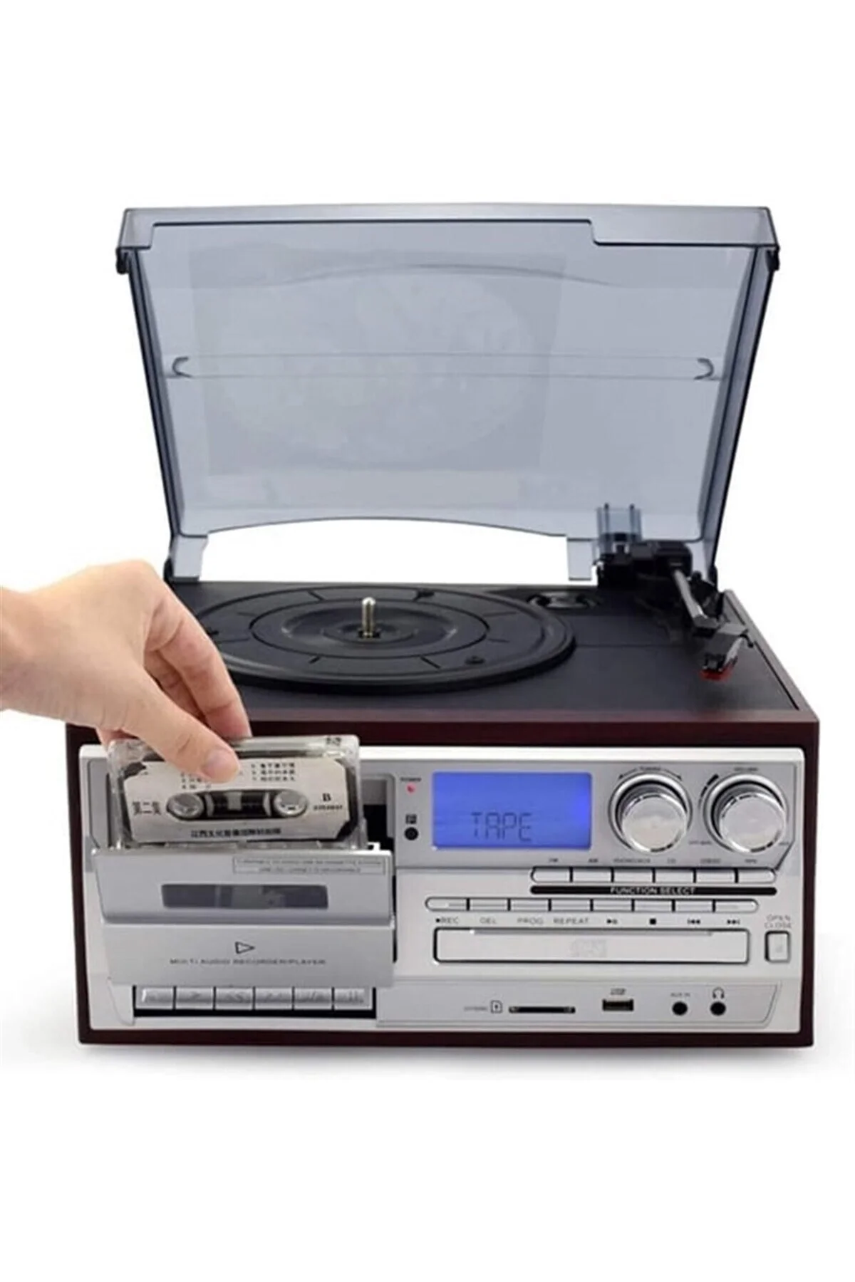 Kahverengi bluetooth kumandalı CD, kaset, USB, radyo ve 33-45-78 devir plak çalar
