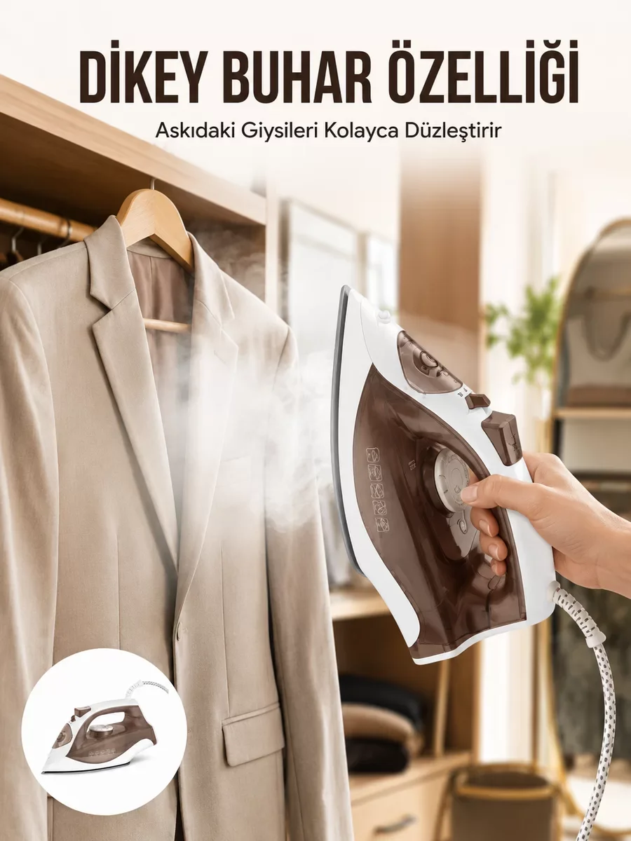 Kahverengi Buharlı Ütü 2200W Sürekli Buhar 120 g Şok Buhar