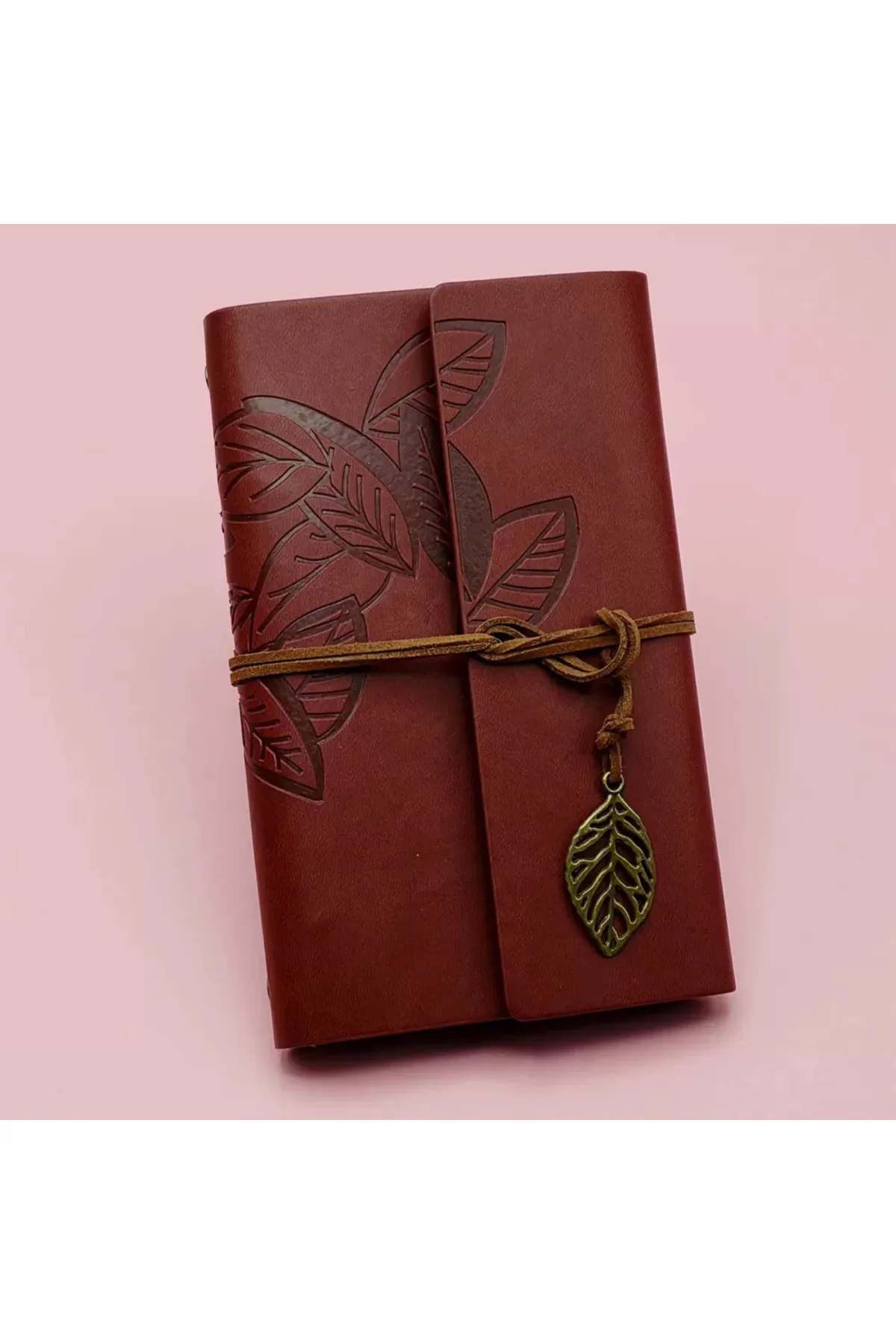 Kahverengi Deri Siyah Yapraklı Defter Ve Beyaz Jel Kalem Seti
