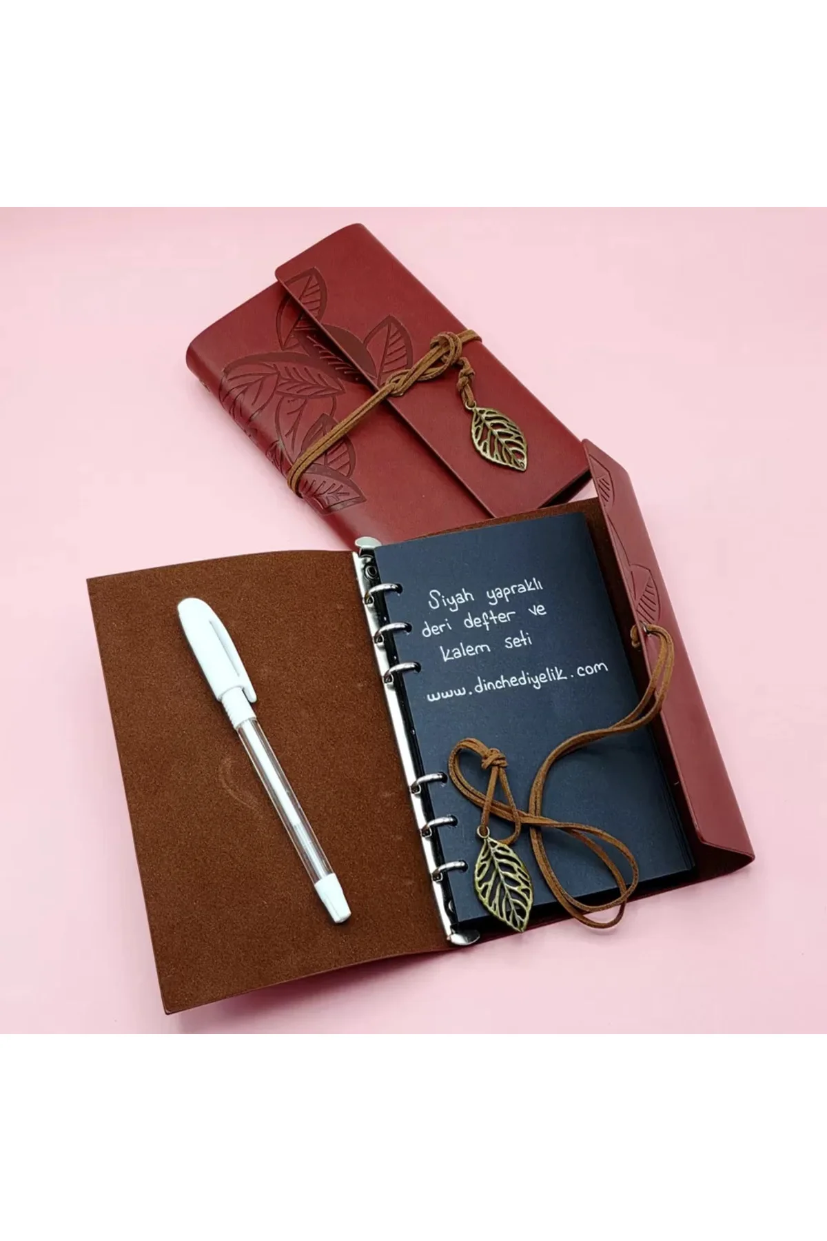 Kahverengi Deri Siyah Yapraklı Defter Ve Beyaz Jel Kalem Seti