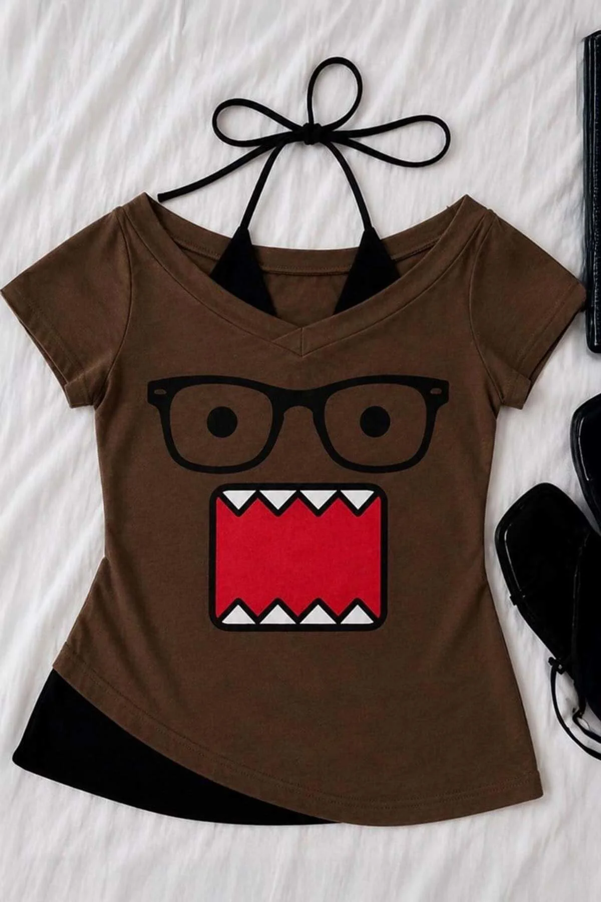 Kahverengi Domo Kun Ek Askılı Y2K Kısa Kollu Crop Kahverengi Domo Kun Ek Askılı Y2K Kısa Kollu Crop