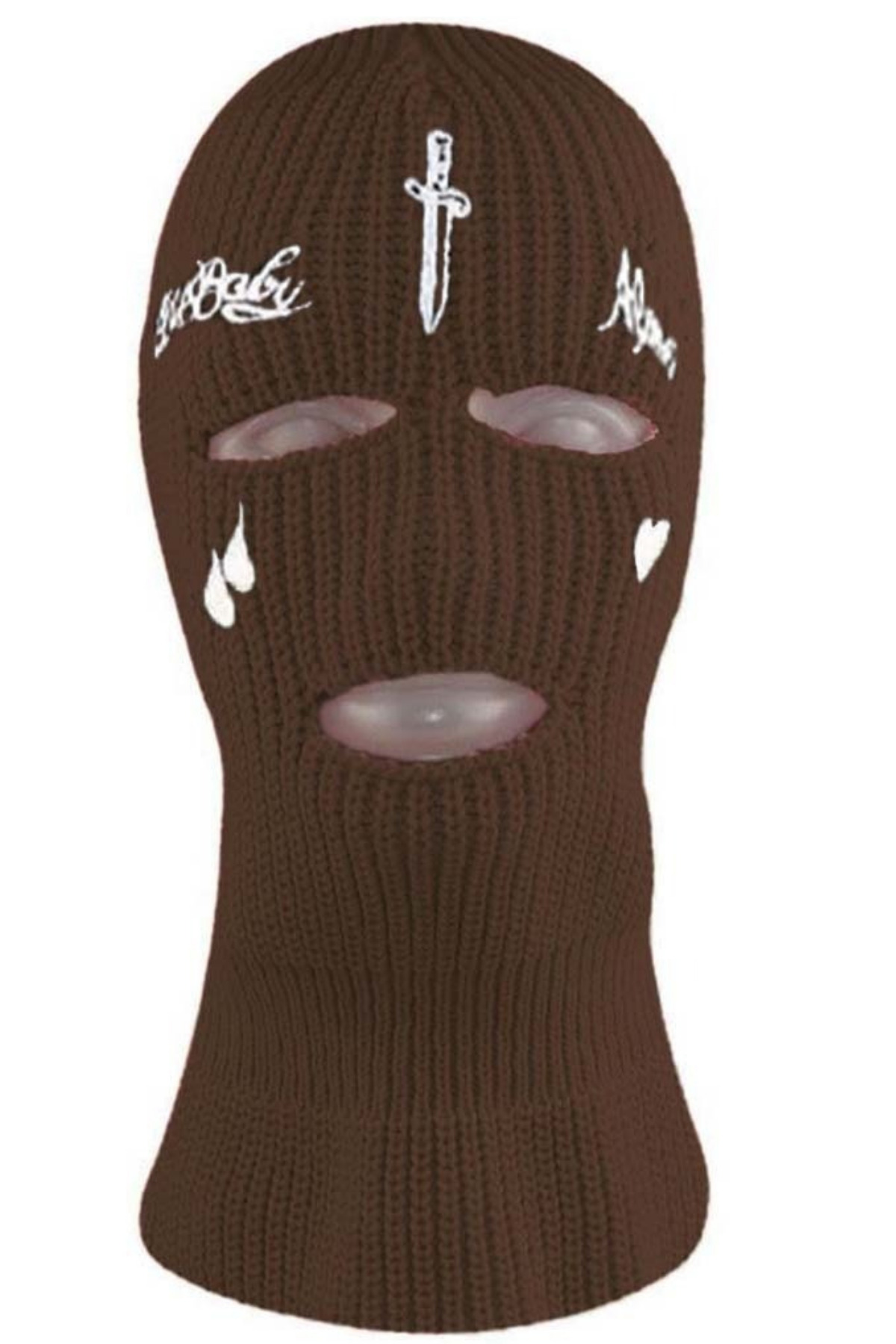 Kahverengi Gözyaşı - Heart Beyaz Nakışlı Kar Maskesi