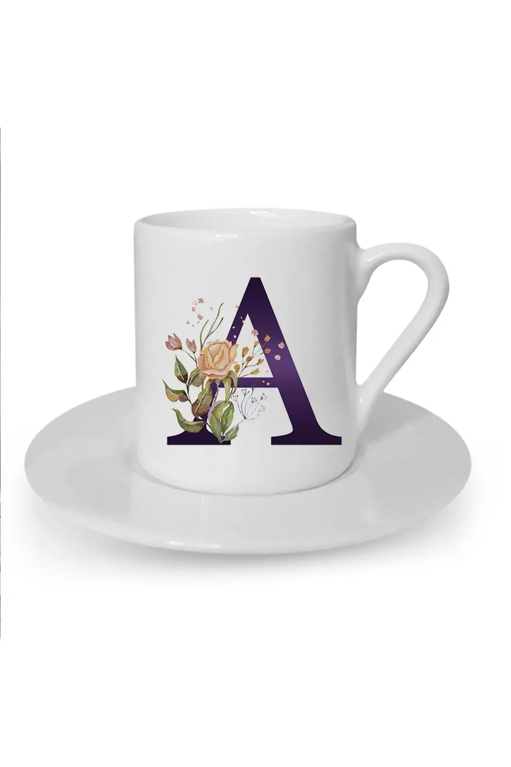 Kahverengi Gül A Harfi Baskılı Beyaz Türk Kahvesi Fincanı