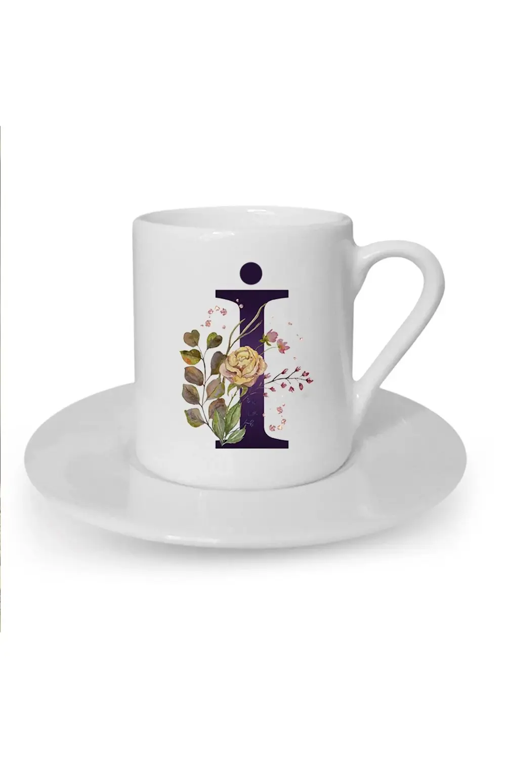 Kahverengi Gül I Harfi Baskılı Beyaz Türk Kahvesi Fincanı