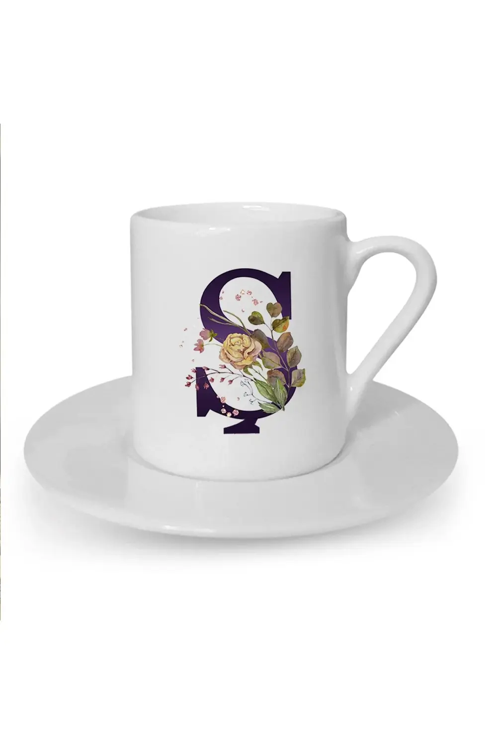 Kahverengi Gül Ş Harfi Baskılı Beyaz Türk Kahvesi Fincanı