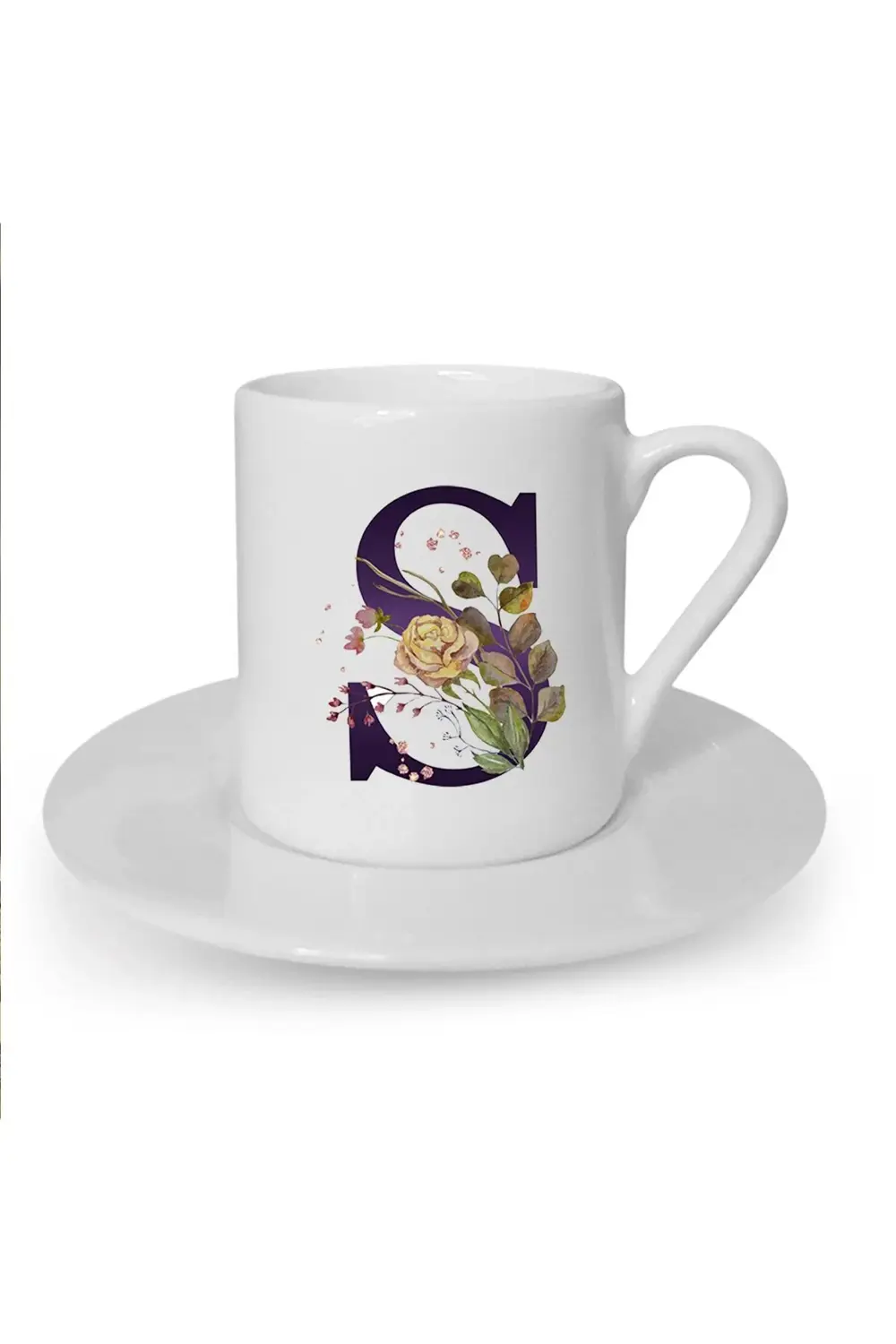 Kahverengi Gül S Harfi Baskılı Beyaz Türk Kahvesi Fincanı