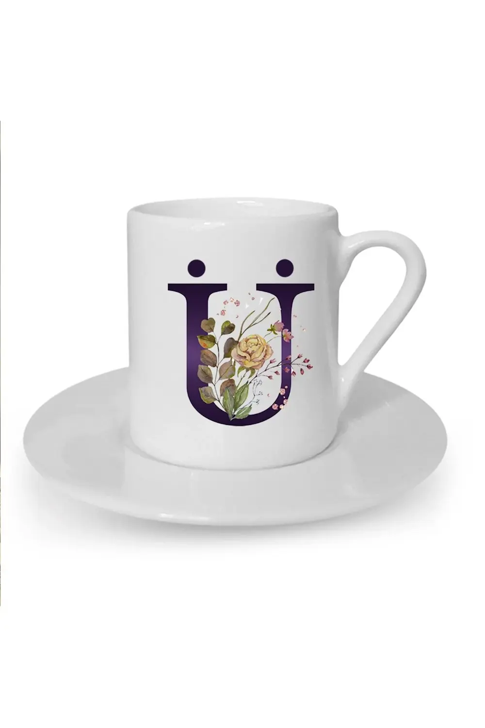 Kahverengi Gül Ü Harfi Baskılı Beyaz Türk Kahvesi Fincanı