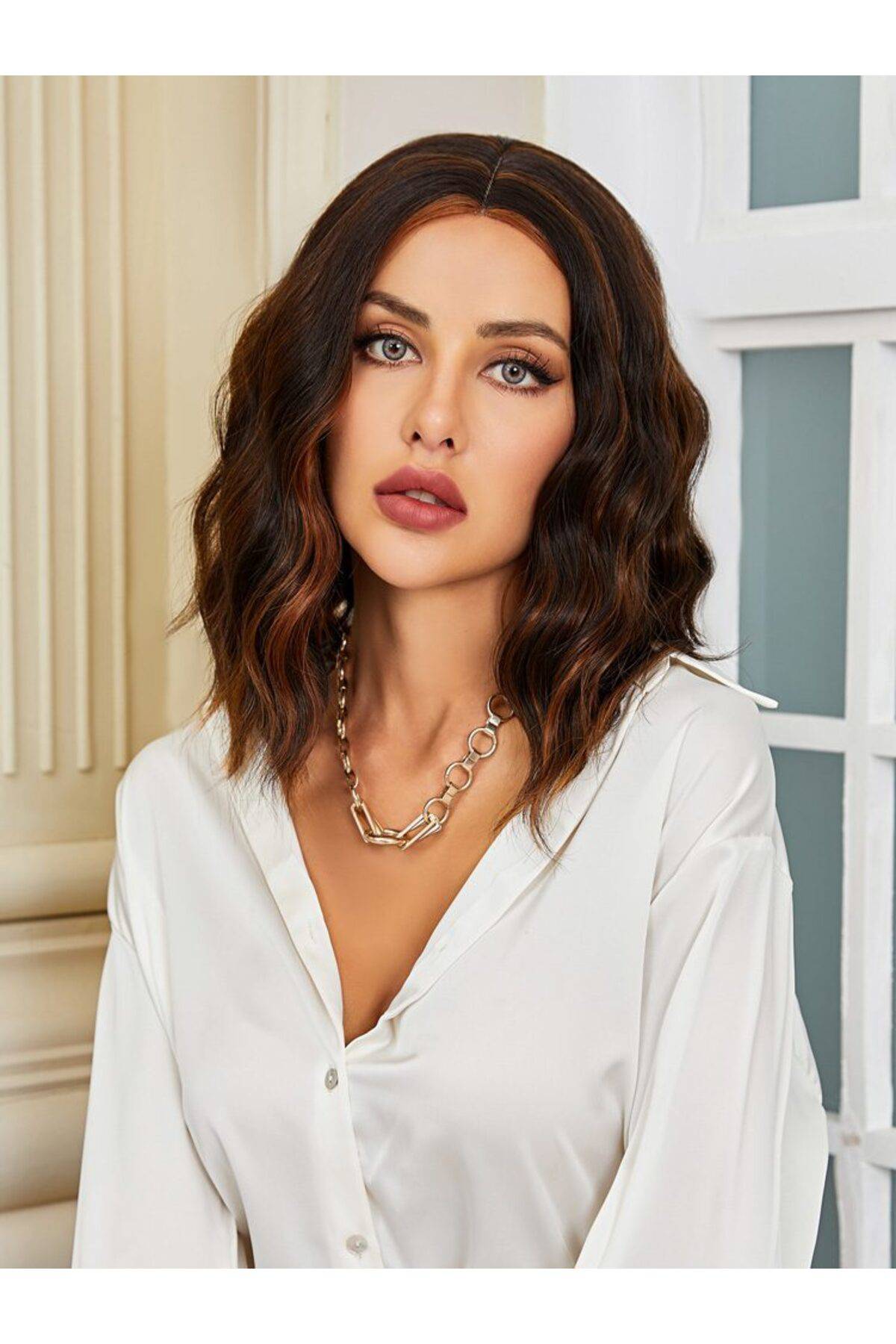 Renklidüşler Kahverengi / Karamel Röfleli Küt Tül Peruk