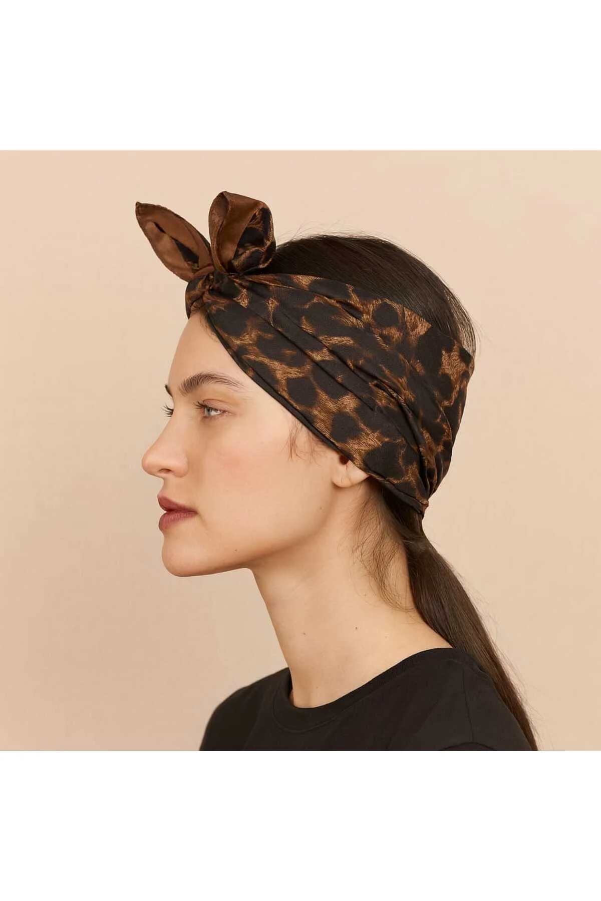 Kahverengi Leopar Desenli Bandana Fular Kaymaz Kaydırma Yapmaz Eşarp