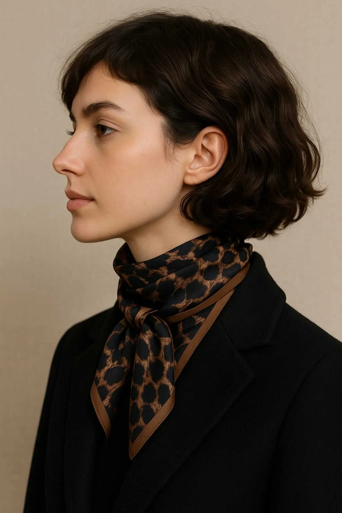 Kahverengi Leopar Desenli Bandana Fular Kaymaz Kaydırma Yapmaz Eşarp