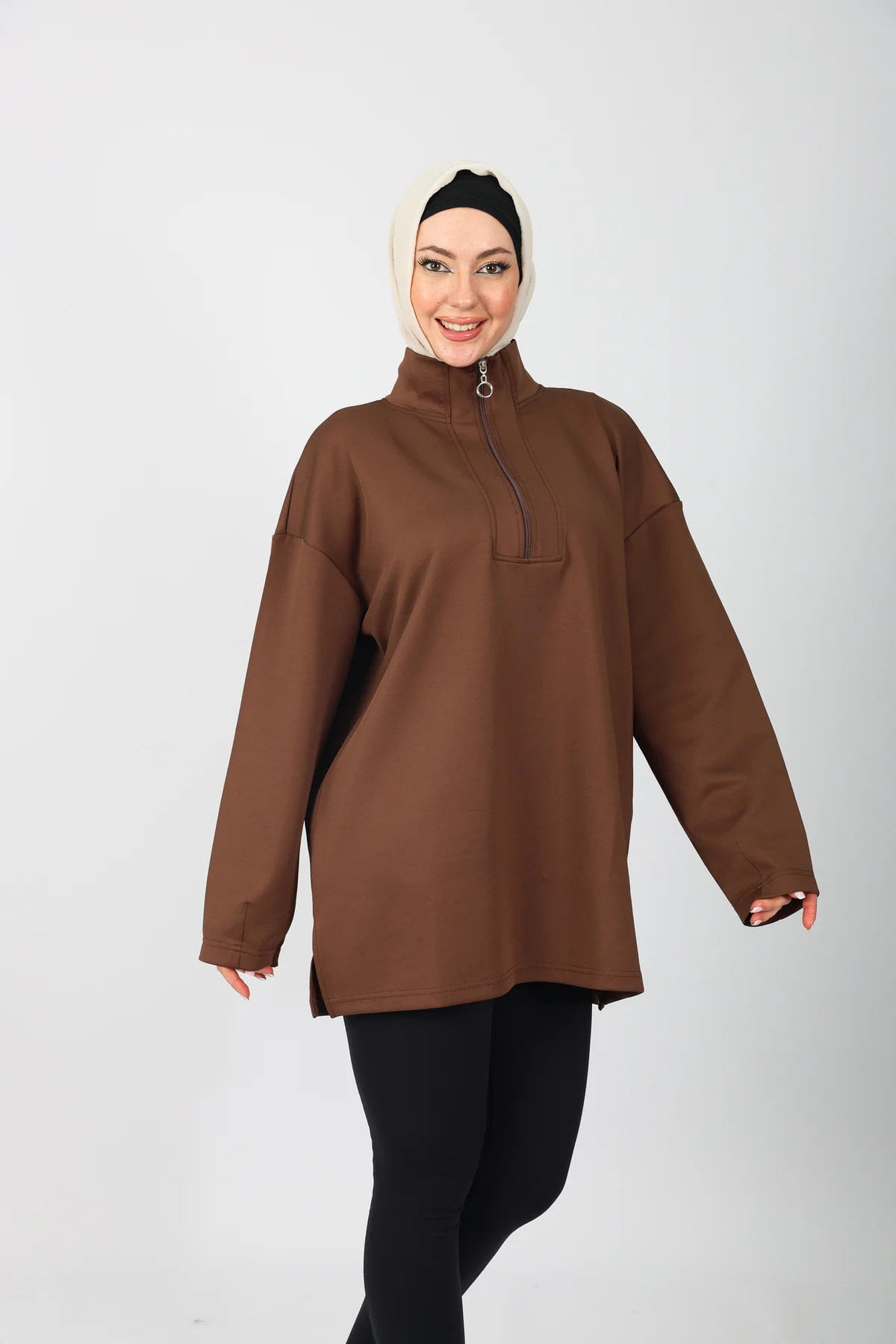 Kahverengi Oversize Fermuar Detaylı  Scuba Örme Tunik