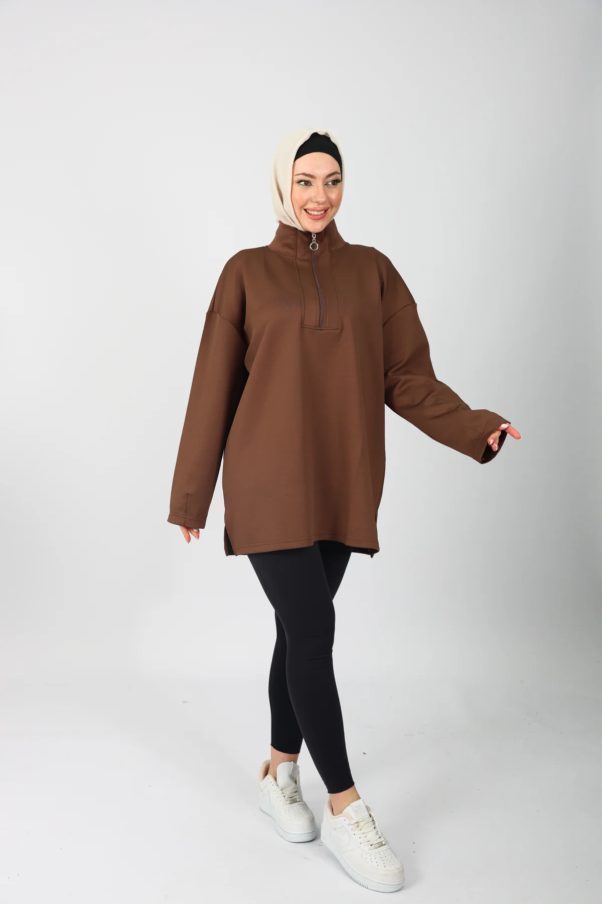 Kahverengi Oversize Fermuar Detaylı  Scuba Örme Tunik
