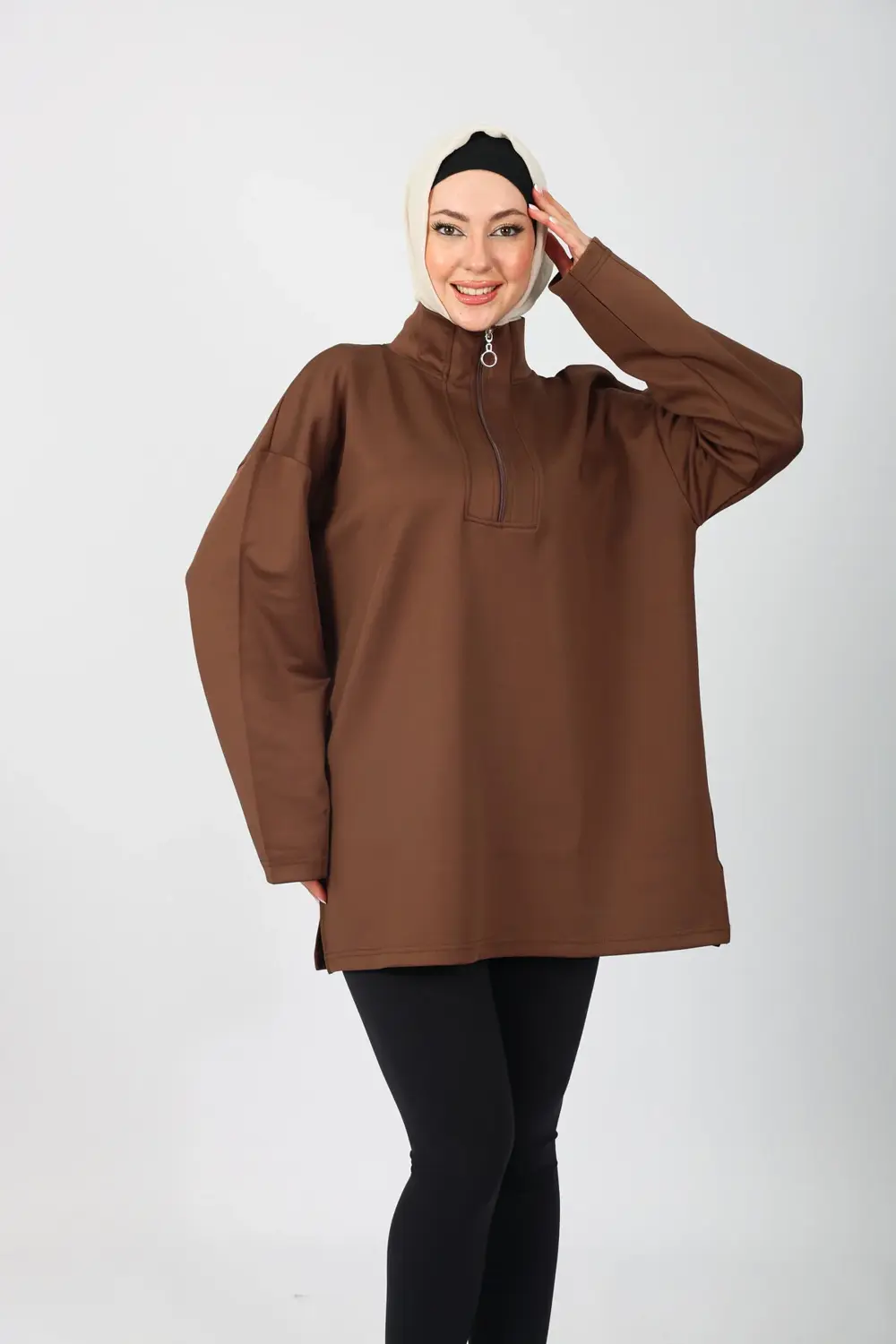 Kahverengi Oversize Fermuar Detaylı  Scuba Örme Tunik