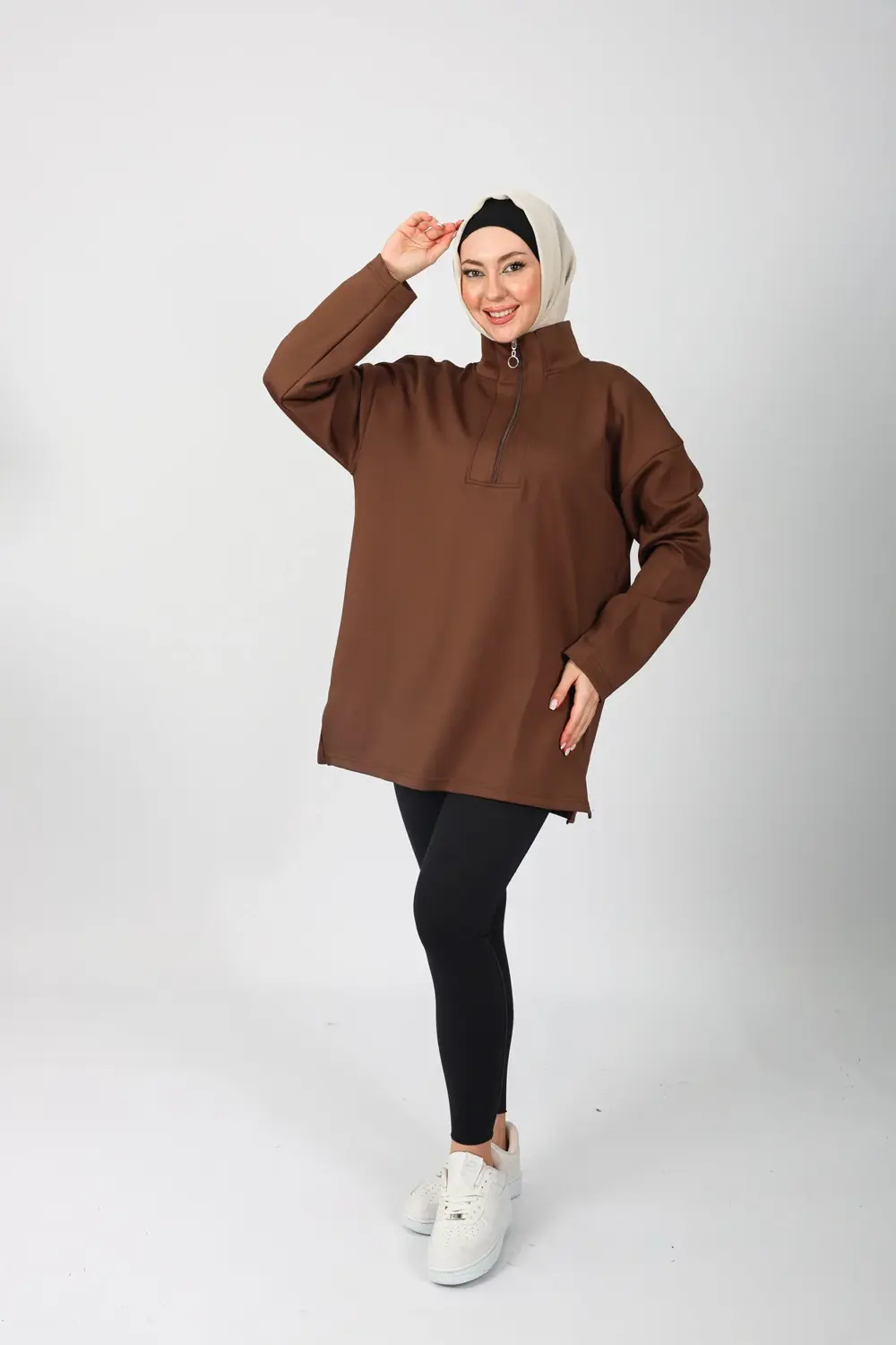 Kahverengi Oversize Fermuar Detaylı  Scuba Örme Tunik